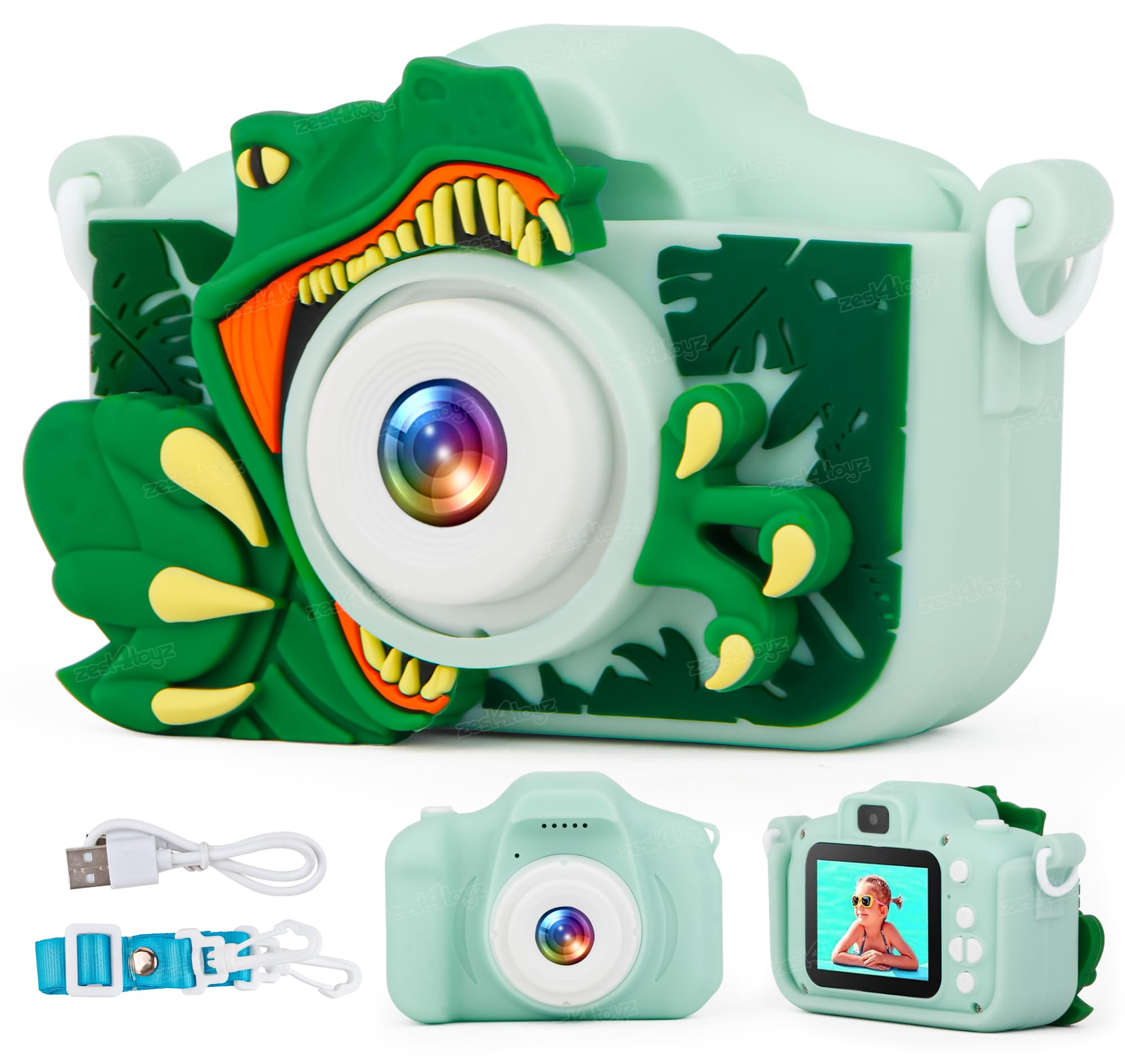 Zest 4 Toyz Kids Camera for Girls HD 1080P 2.0 Screen Digital Camera for Kids Selfie Video Camera with Inbuilt Games Toy with USB (Dinosaur Design)