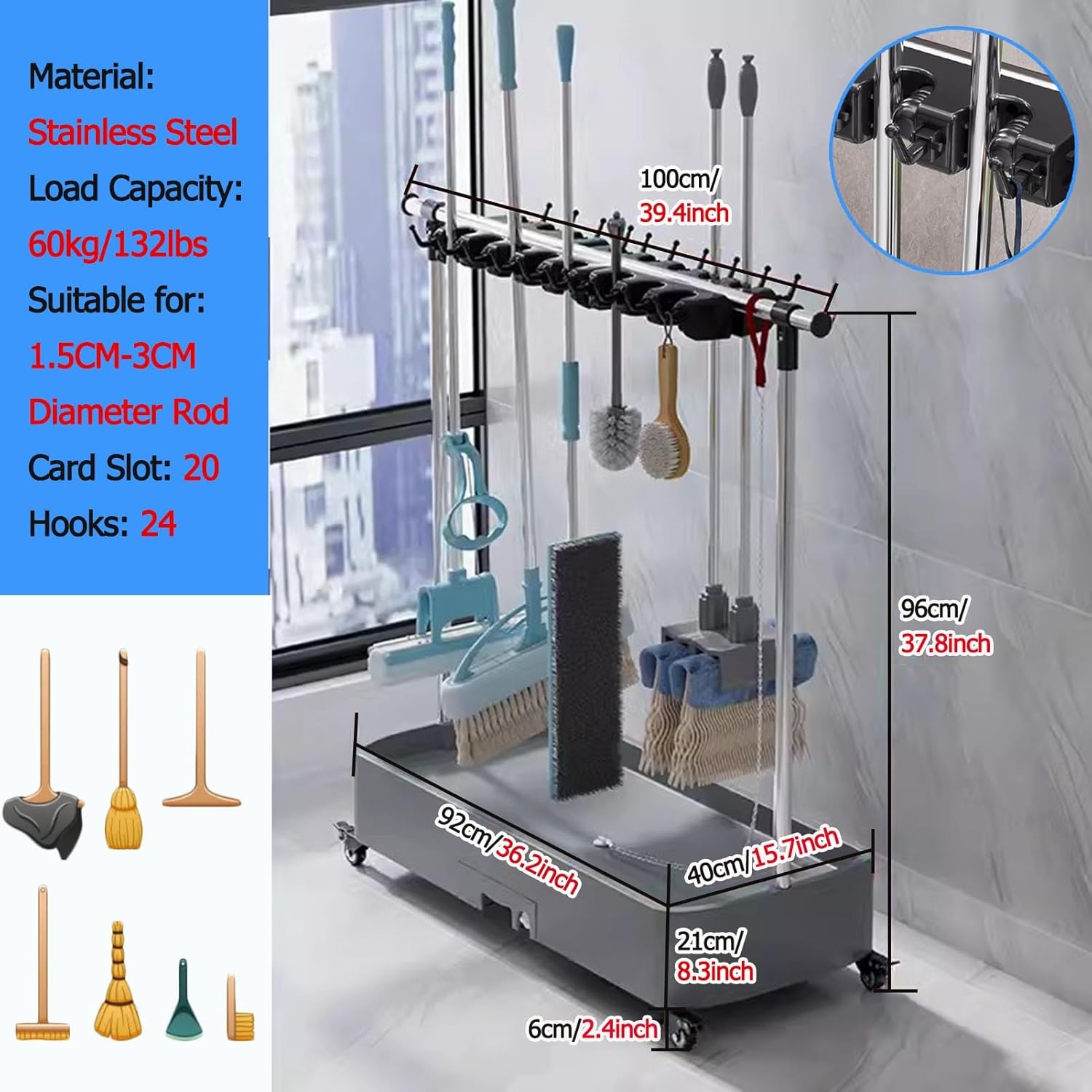 Broom Holder Organizer Movable, Mop Rack Floor Standing Cleaning Tool Organizers, Housekeeping Station Storage Tools for Companies Restaurant Hospitals Property ( Color : Gray1 , Size : 20 slots/24 ho