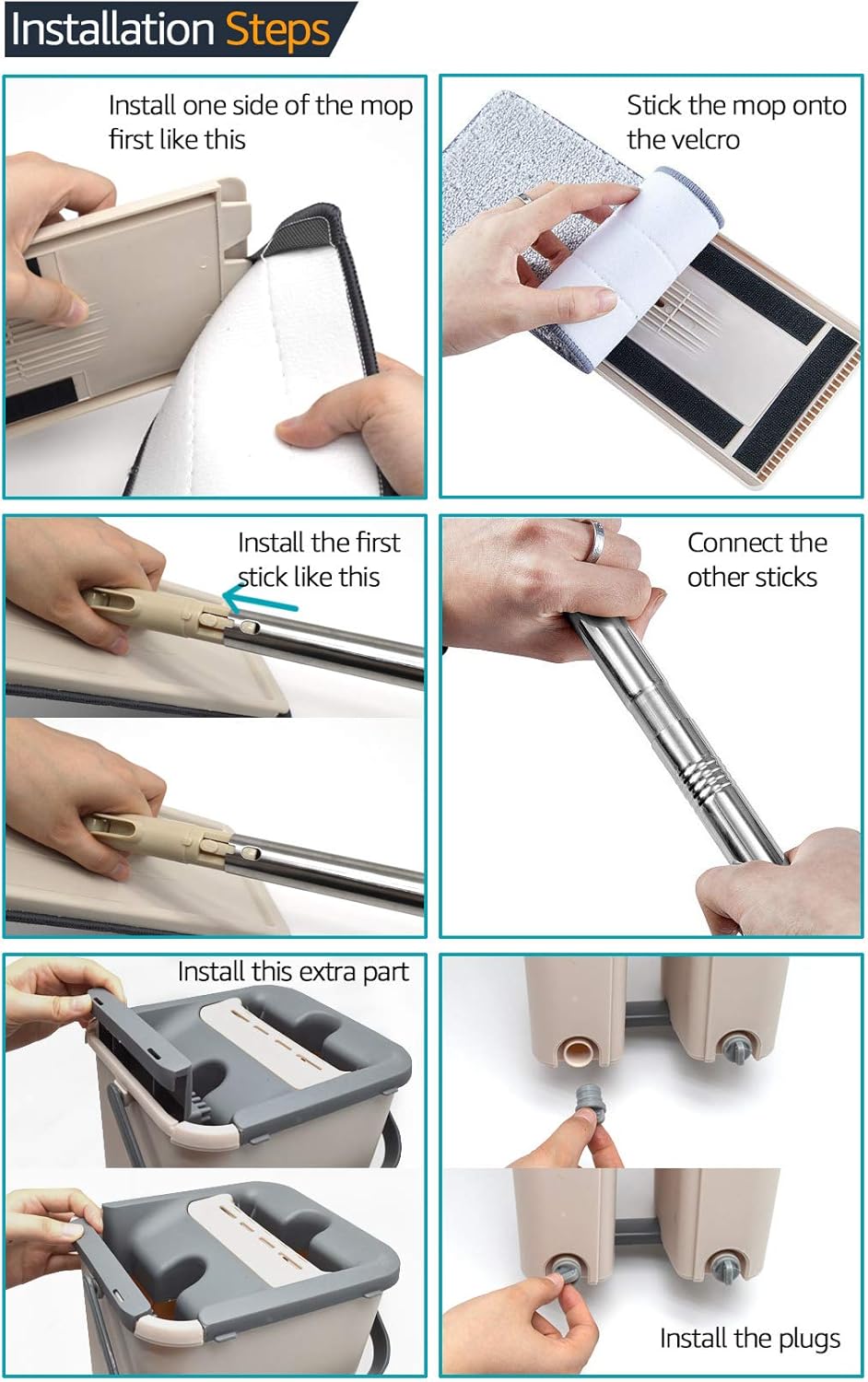 GMW Squeeze Floor Mop with Bucket Set, Hands-Free Foldable Flat Mop for Home Cleaning, 180° Rotated Head Mop with Stainless Steel Rod, 4 Resuable Mop Pads for Hardwood, Laminate, Tiles : Health & Household