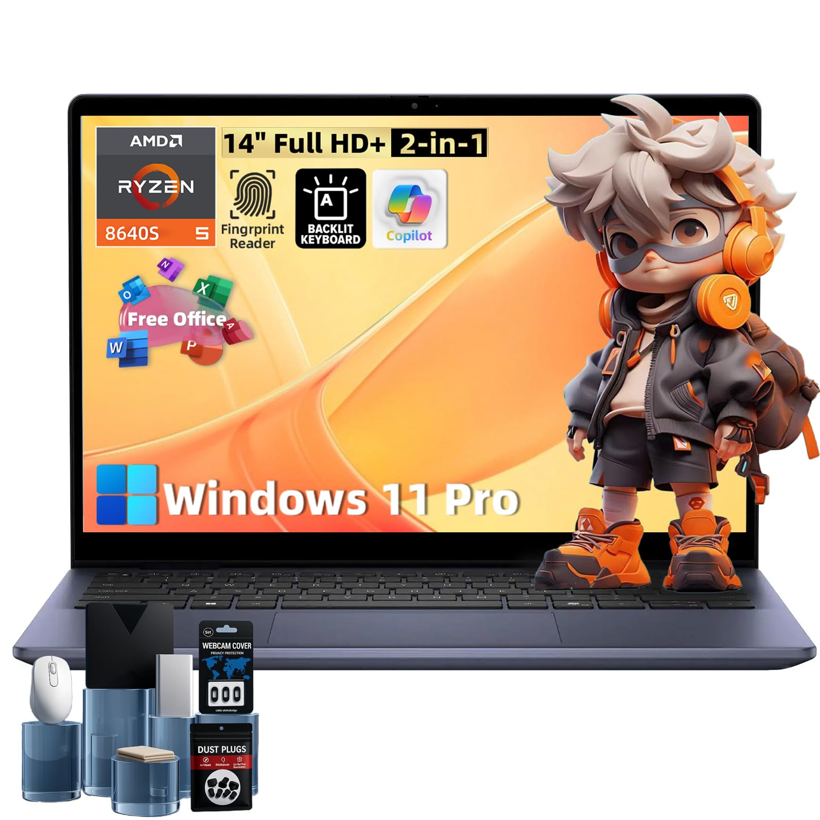 Dell Inspiron 14 2-in-1 Laptop - AMD Ryzen 5 8640HS(> Intel i7-1255U), 14" IPS LED FHD Display, 32GB DDR5, 1TB SSD, Backlit KB, Fingerprint, Win 11 Pro, Office License, w/DVD Drive