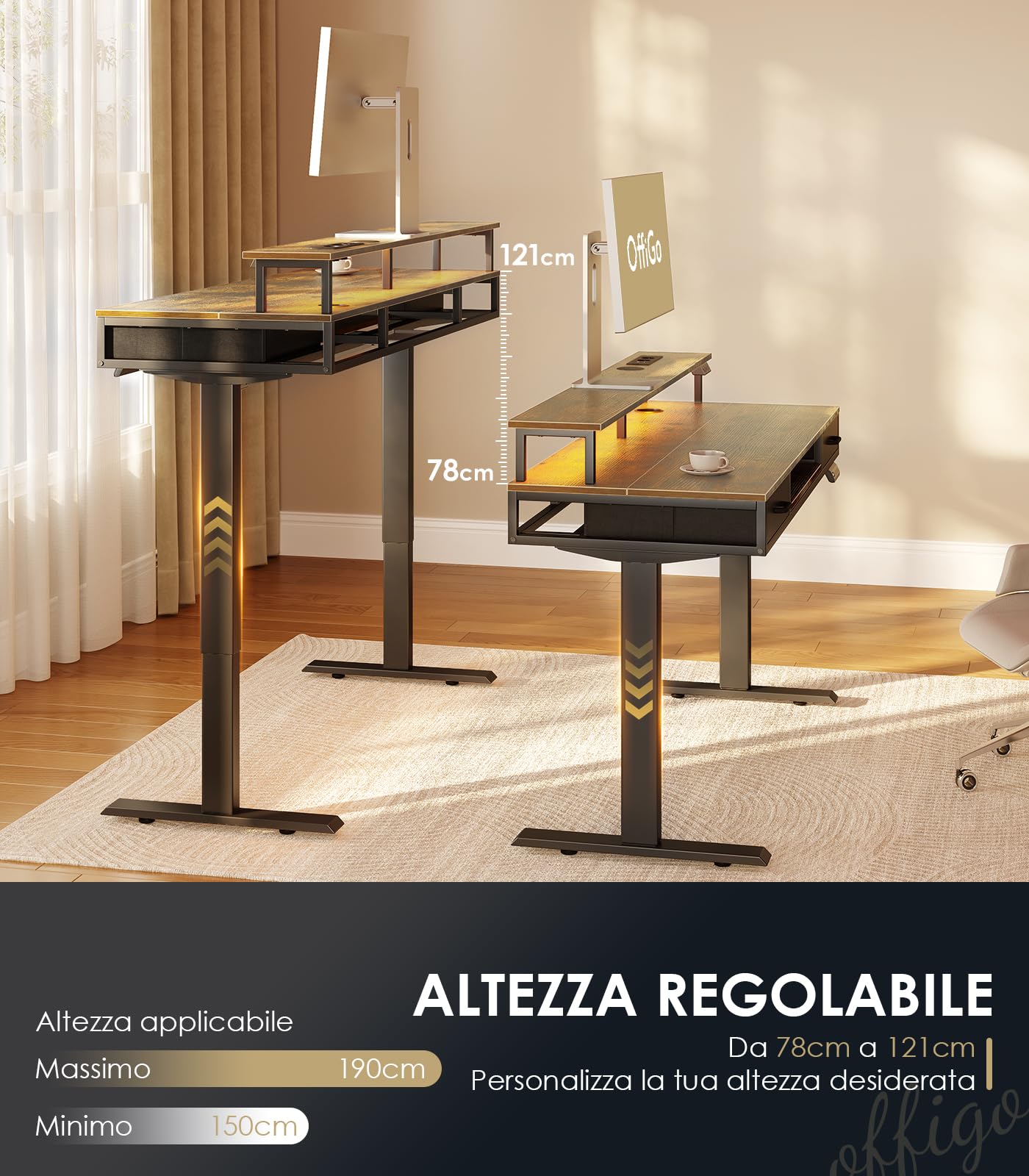 OffiGo Scrivania regolabile in altezza con cassetti, 120 cm, scrivania elettrica con ripiano per tastiera, scrivania per computer con supporto per monitor, Prese e LED Luce, Marrone
