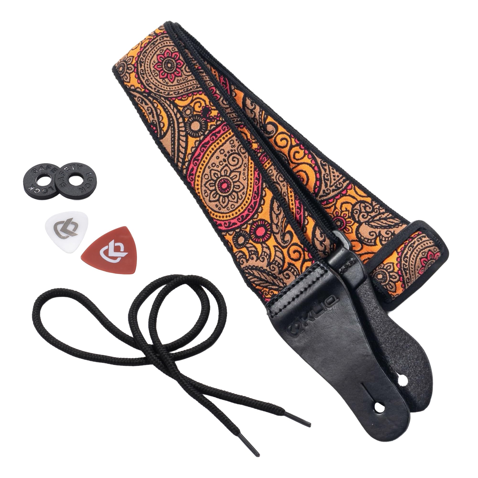 KLIQ Vintage Woven Guitar Strap for Acoustic and Electric Guitars + 2 Free Rubber Strap Locks, 2 Guitar Picks and 1 Lace | '60s Jacquard Weave Hootenanny Style | Orange & Tan Paisley