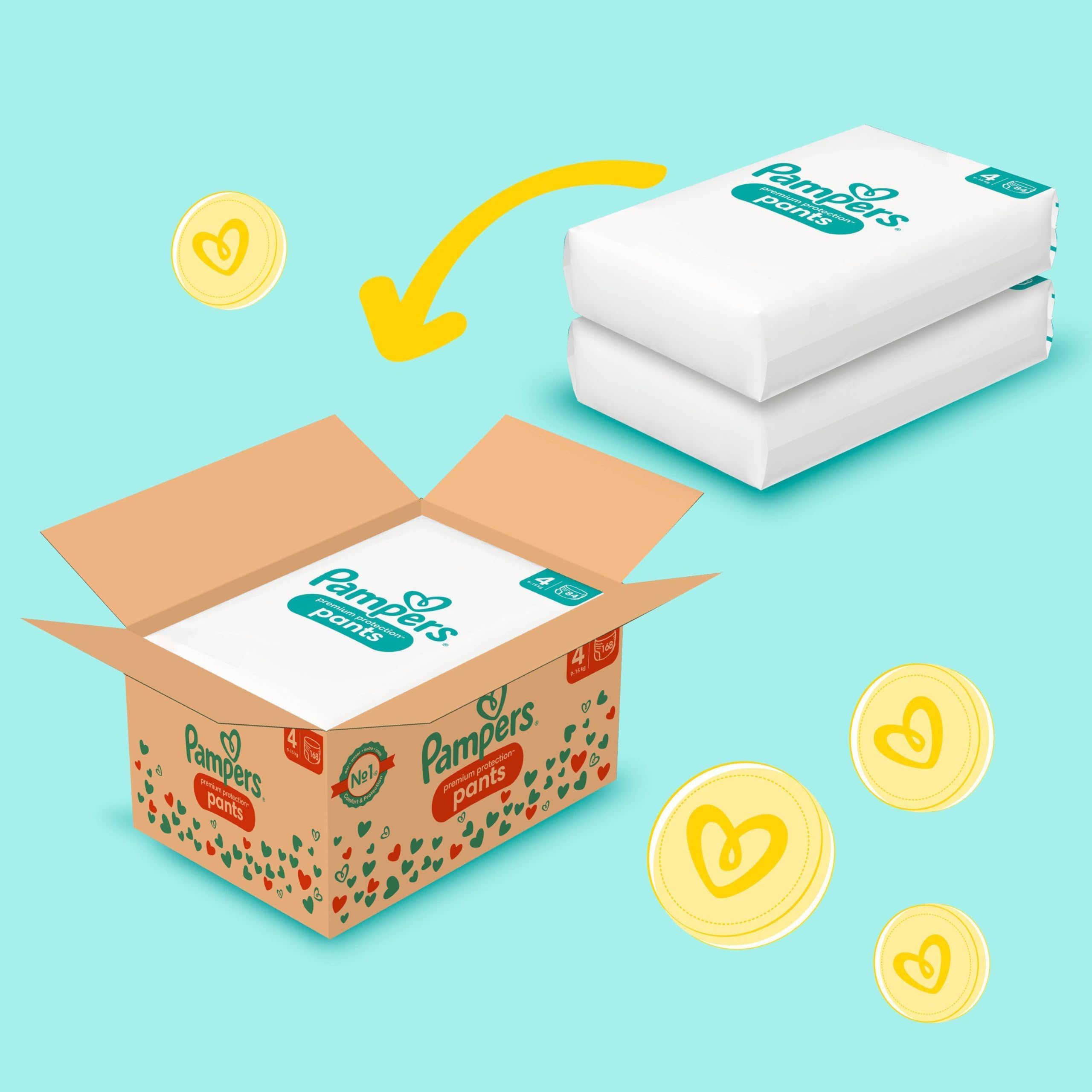Pampers Pannolini per bambini, taglia 4 (9 – 15 kg) Premium Protection, Maxi con sacchetto di protezione e arresto