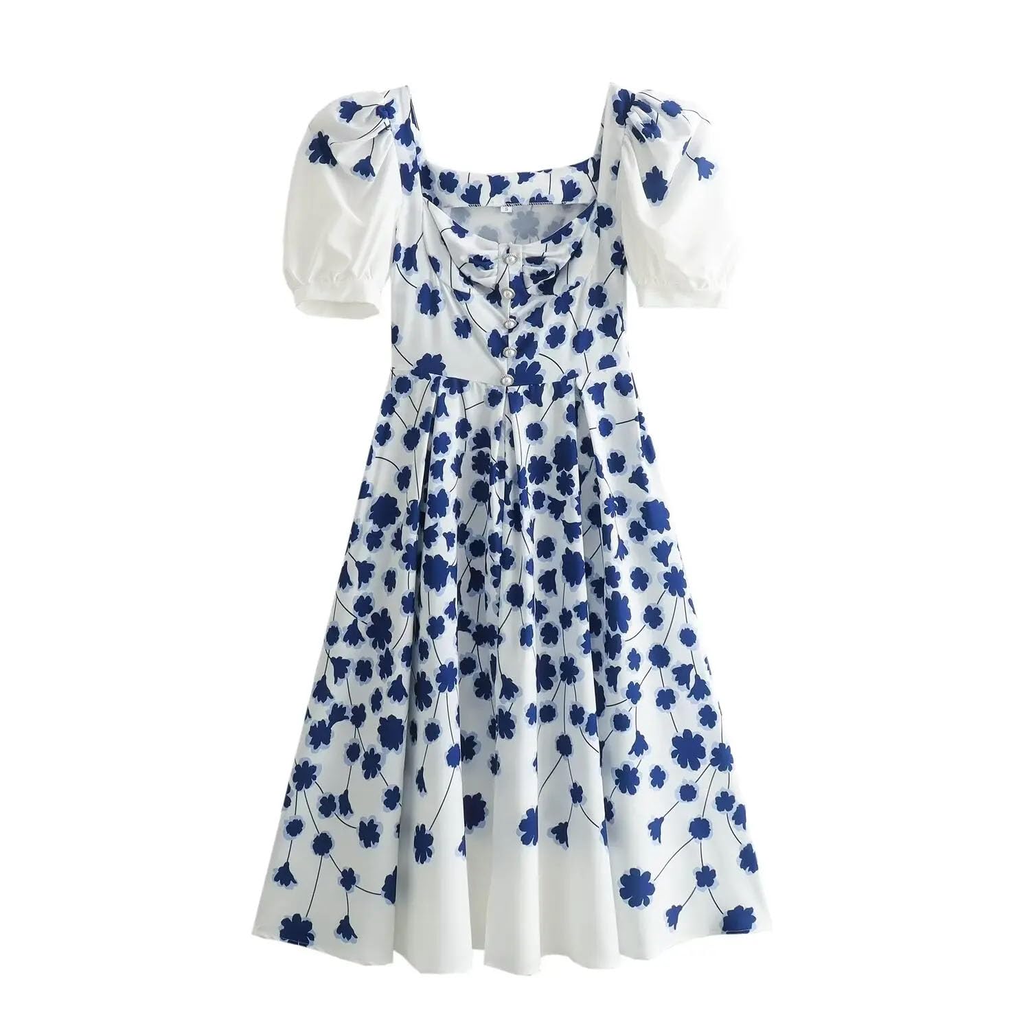 Vestido de manga abombada con estampado floral para mujer, cuello cuadrado, botones, vestido largo midi para mujer, Y2k