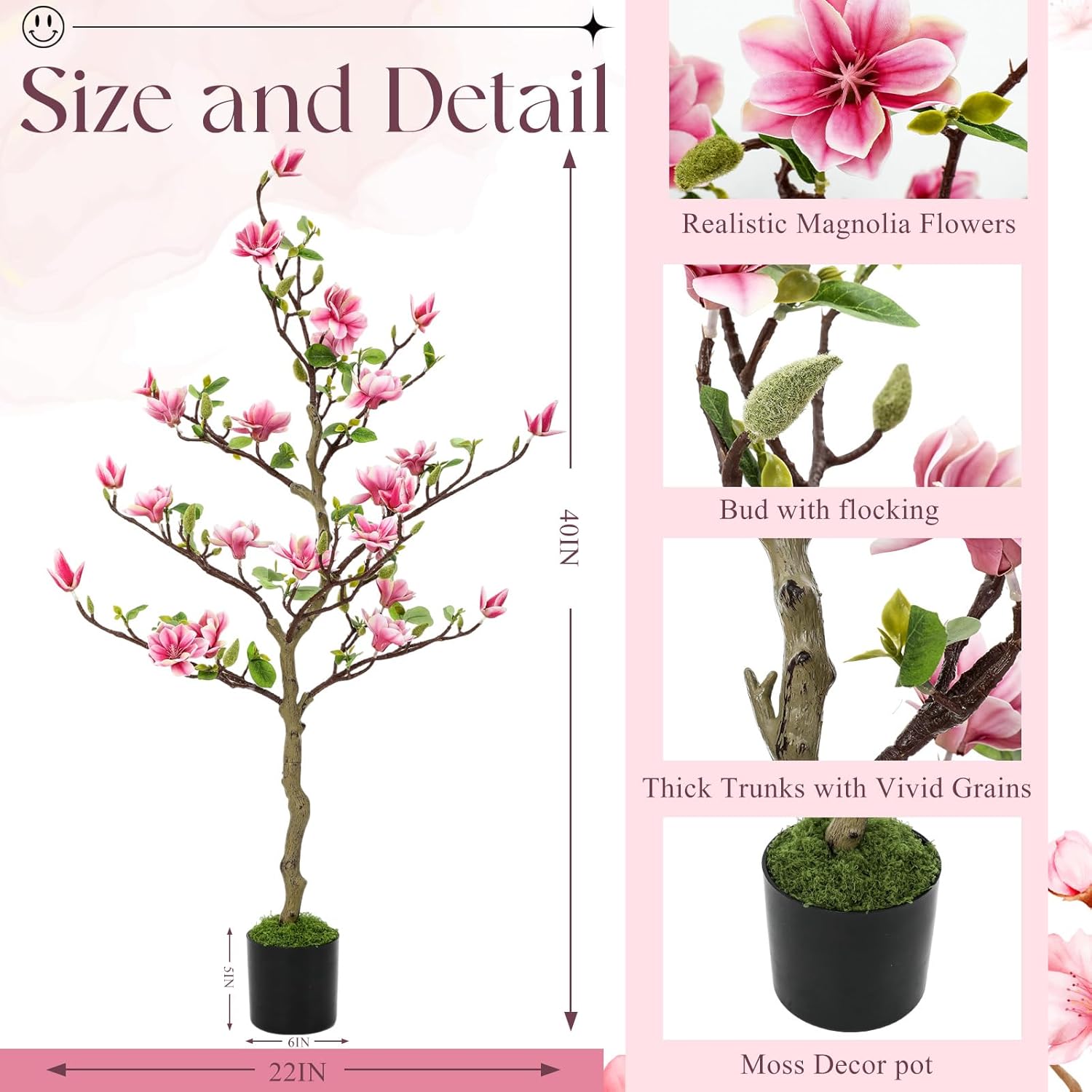 Jexine 2 Pack Artificial Magnolia Tree 40 Inch Tall Faux Magnolia Flower Tree with Pot Realistic Flower Plant for Indoor Outdoor Porch, Living Room, Floor, Store and Hotel, Pink and Green