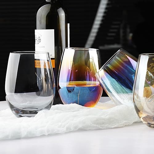 Miniatura 7 de LUXU Copas de vino sin tallo de ámbar (juego de 4) de 20 onzas, vasos de vino de colores para beber jugo, vasos de vino de vidrio multiusos, vasos