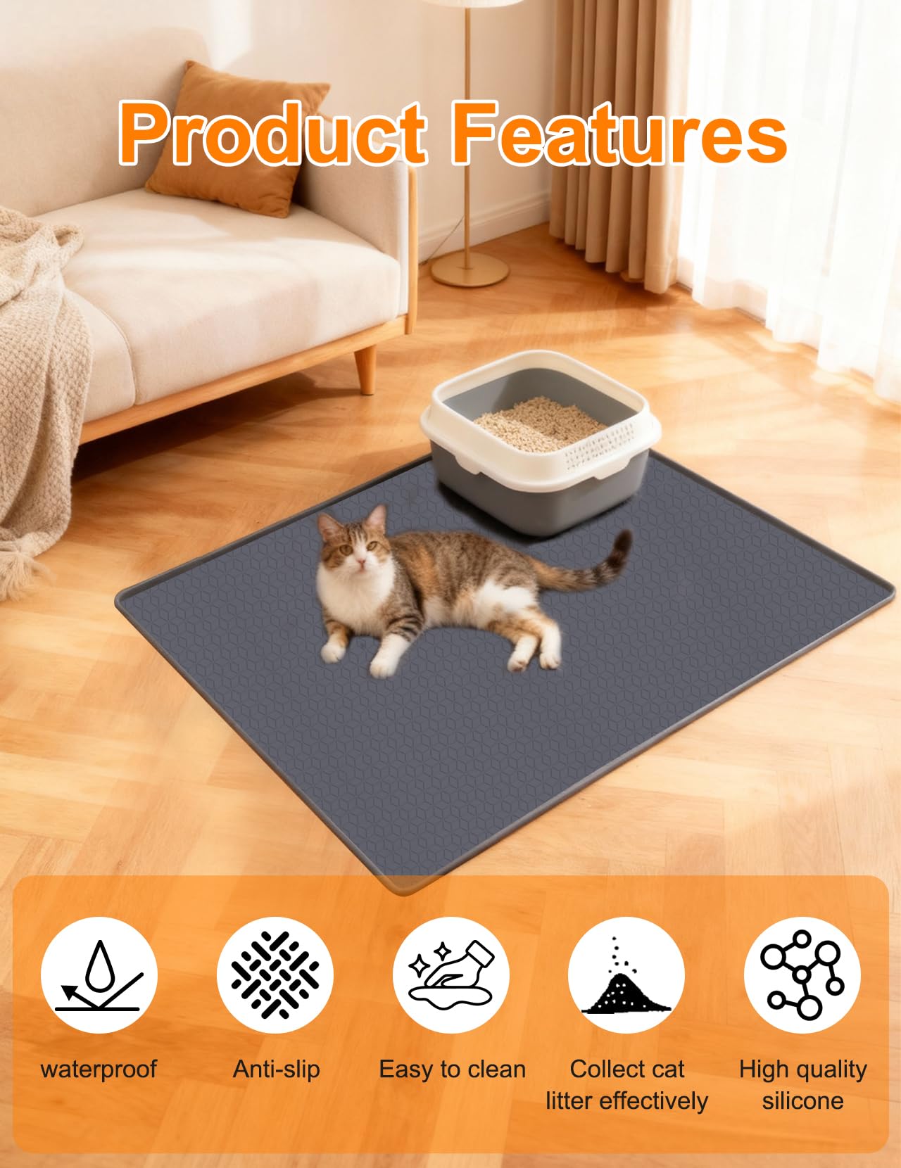 Katzenklo Matte Groß 86x56cm – Silikon Katzenstreumatte Wasserdicht mit Erhöhtem Rand, Rutschfest & Schwer, Leicht zu Reinigen, Katzenklo Unterlage für Streu & Futterbereich Grau