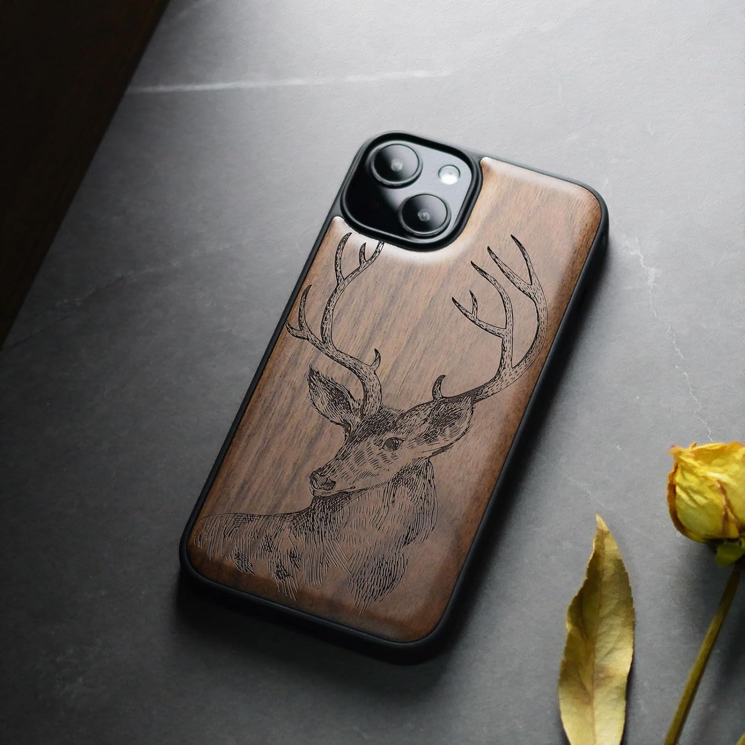 Carveit Magnetic Wooden Case for iPhone 15 Plus Case, Compatible with MagSafe Wireless Chargers, Black Soft TPU Shockproof Cover & Wood Artisan Engraved (Deer Head) - Walnut