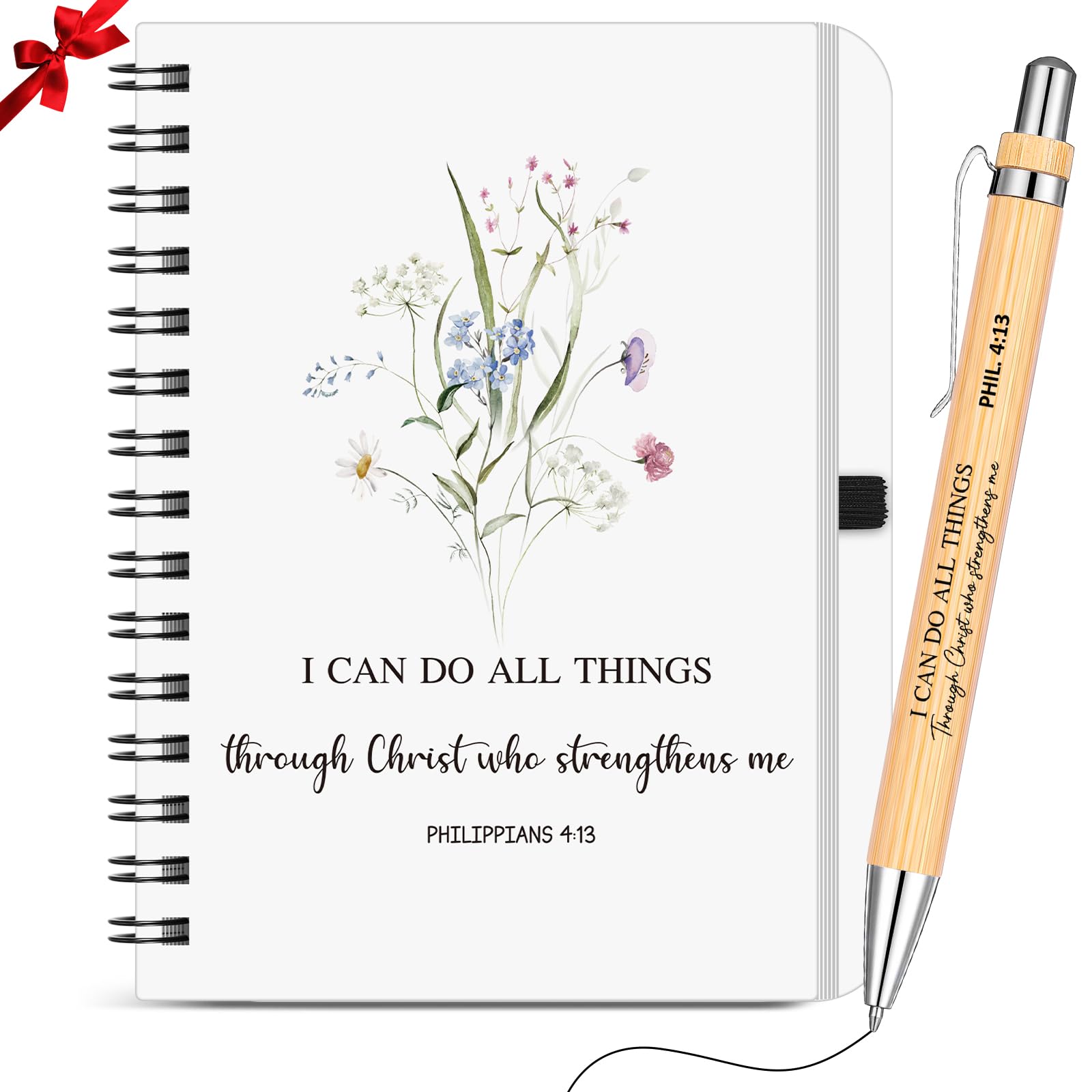 Sinmoe 2 Pcs Christian Gift Set Including Bible Notebook and Wood Christian Ballpoint Pen Floral Bible Verse Prayer Spiral Journal Religious Inspirational Gifts for Women(Style A)