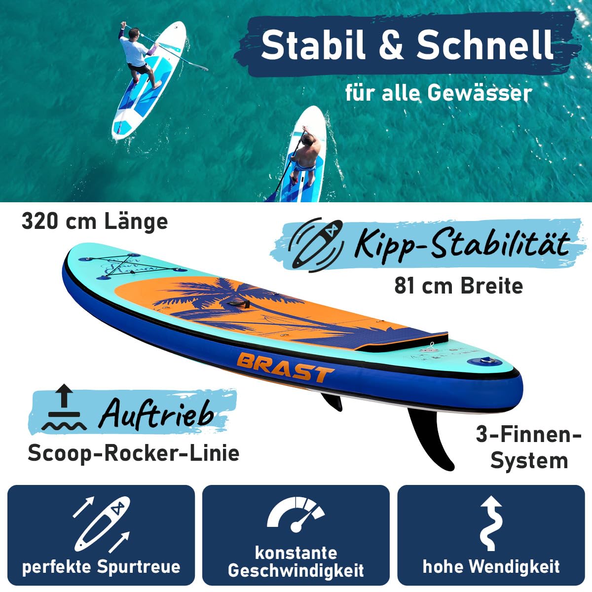 BRAST SUP Board Tropic | Aufblasbares Stand up Paddle Set | 320x81x15cm | 5 Designs | 5 Jahre Garantie | inkl. Sonderzubehör | 2in1 Paddel Kajak-Sitz Action-Cam-Halterung Fußschlaufe Pumpe Rucksack