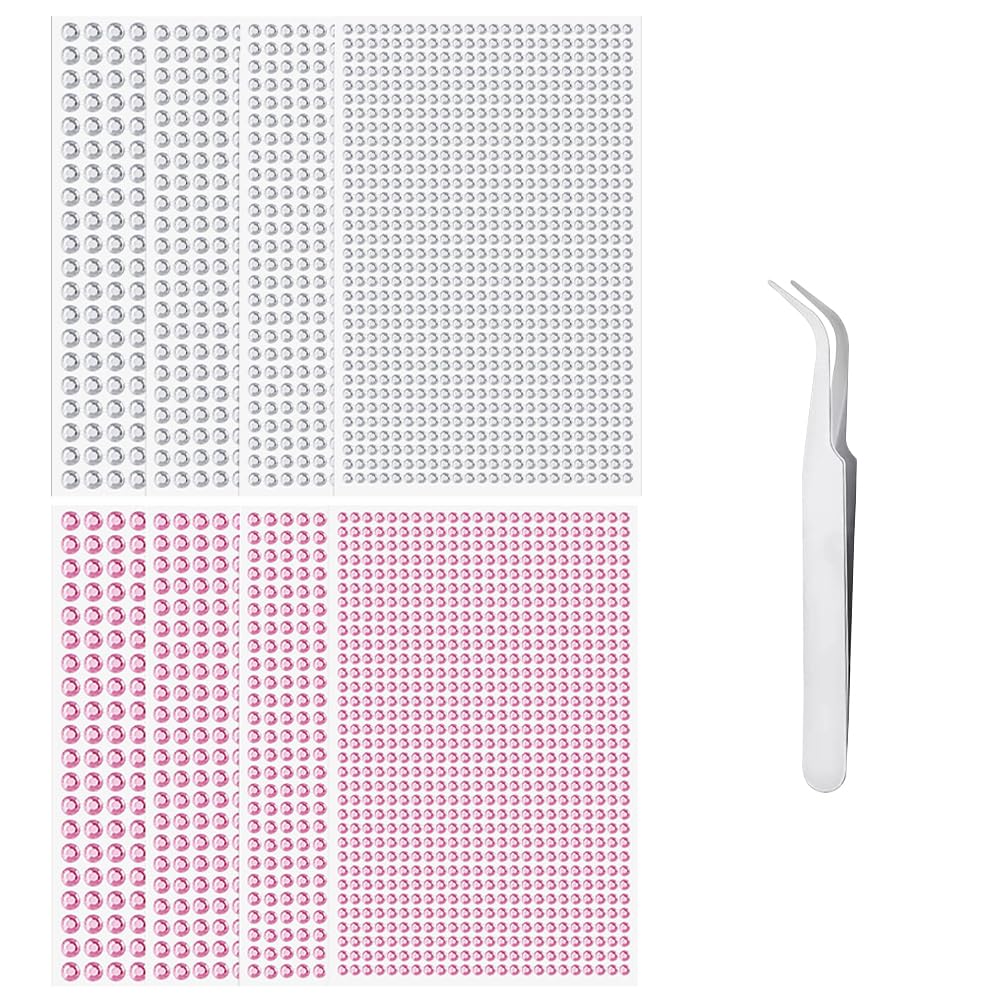 Trketk Transparent And Pink 8 Sheets Self Adhesive Bling Clear Rhinestone Stickers 3584 Pcs Round Crylic Crystal Gems Stickers With 1 Pick Up Tweezer For Diy Nail Crafts Decoration Jewel Clothes Makeup (3Mm/4Mm/5Mm/6Mm)