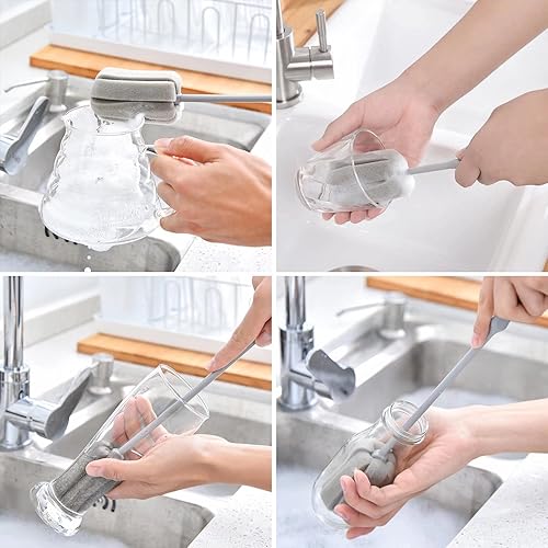 Miniatura 5 de Paquete de 4 cepillos limpiadores de botellas de esponja suave, mango de plástico gris, cepillo de lavado para vasos de vino, cepillo de lavado para