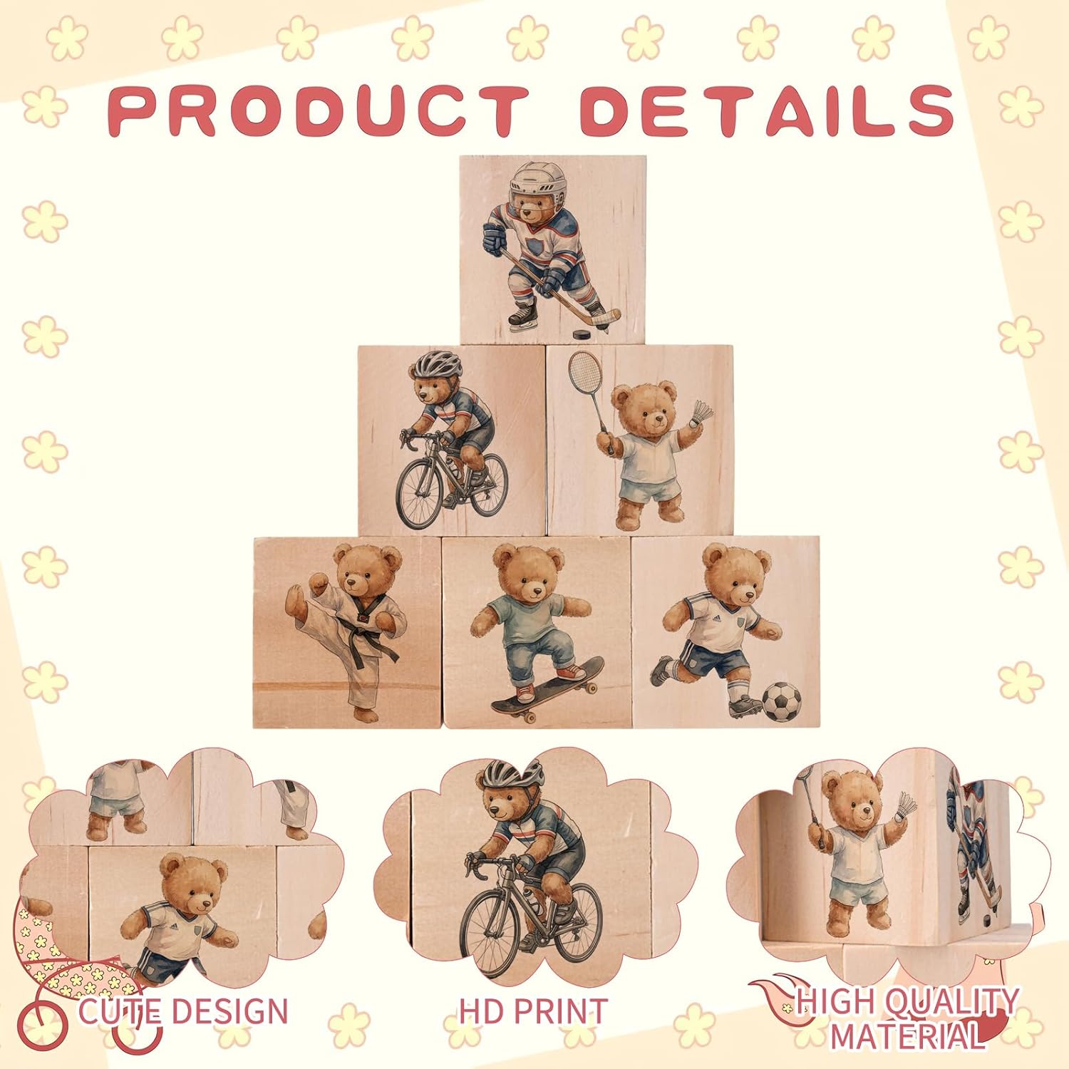 6 Pcs Woodland Animal Nursery Decor for Girls and Boys, 2.36 in Large Inspirational Wooden Safari Baby Shower Blocks Motivational Decoration for Shelf Kids Bedroom Playroom (Sports Bear)