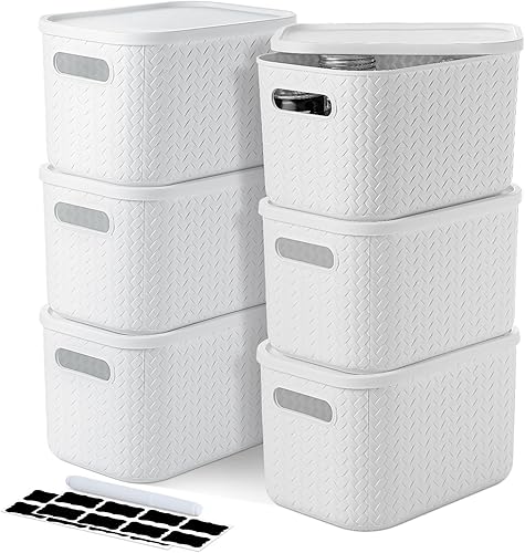 Suzile 6 cestas de almacenamiento de plástico con asa de tapa de 10 x 7 x 6 pulgadas, pequeños contenedores apilables para organización y