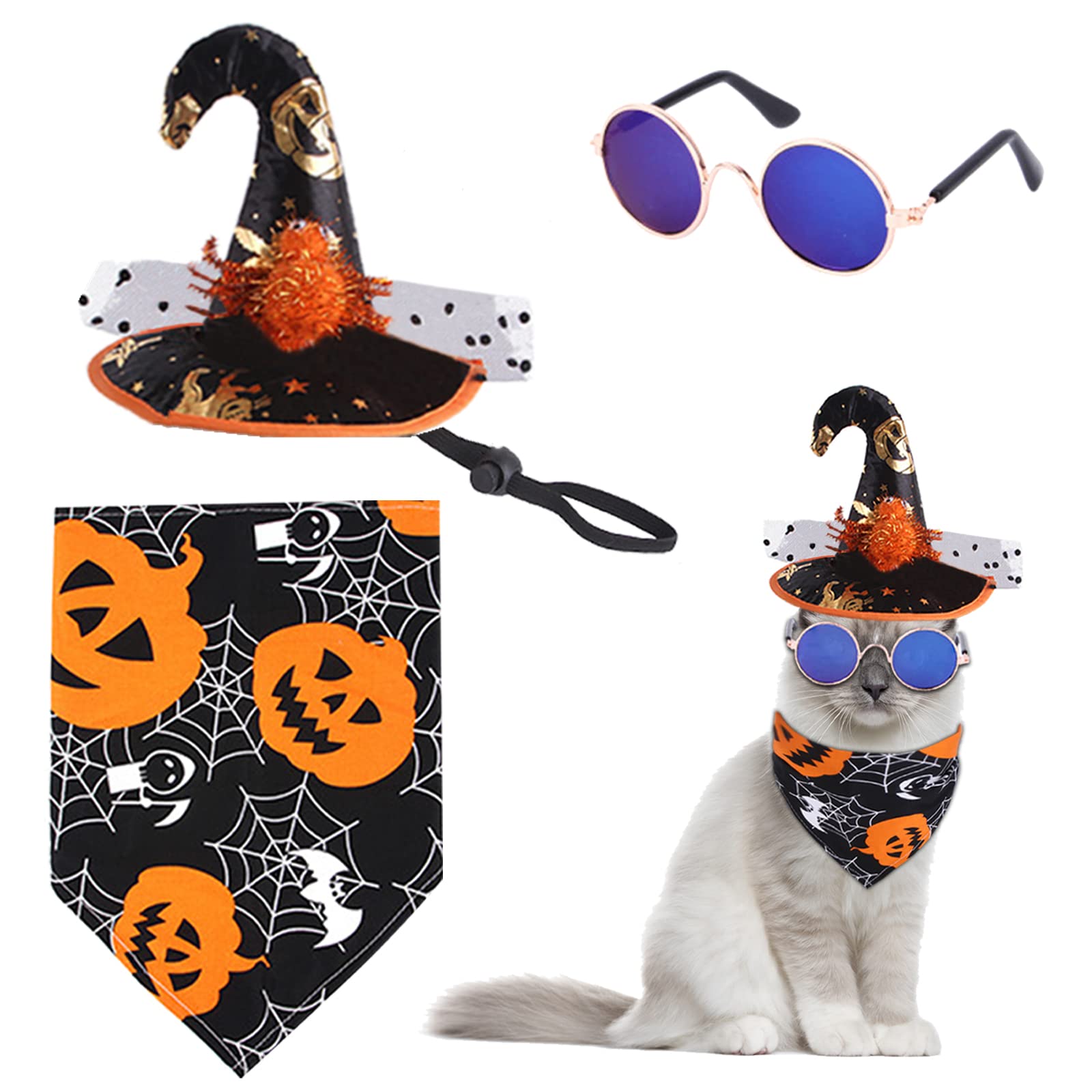Disfraces de Halloween Para Mascotas Sombrero de Halloween con Gafas Bandana Disfraz de Mascota De Halloween Collar de Sombrero Calabaza Colorido Para Gato Perro Conejo Animales PequeñOs