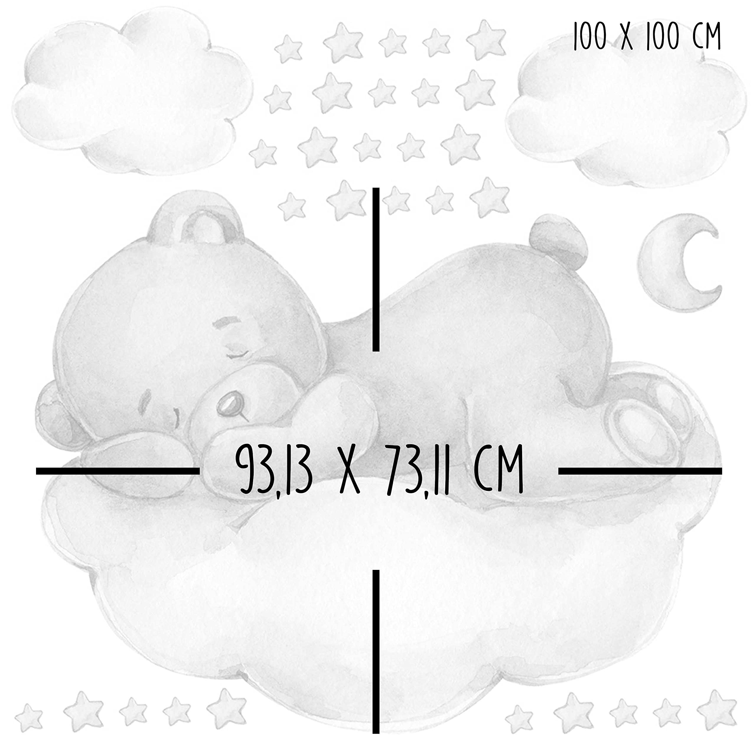 WANDKIND Bär auf der Wolke Wandtattoo V267 | handgezeichnet | AUFKLEBER Kindergarten | Wandsticker Kinderzimmer Deko Teddybär mit Sterne Teddy (100 x 100 cm)