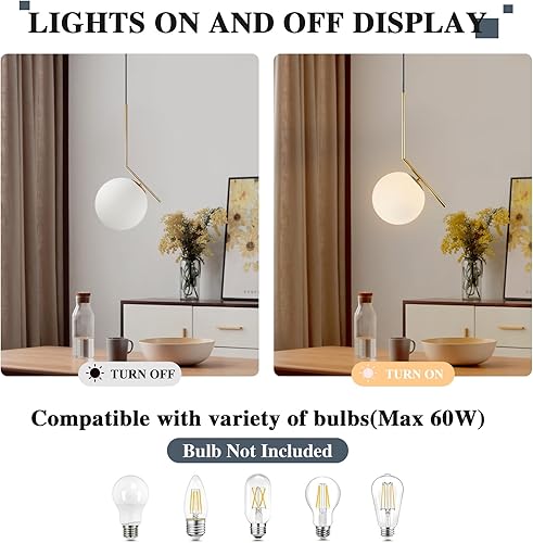 Miniatura 4 de BOKT Lámpara colgante moderna con forma de globo de mediados de siglo, latón cepillado, luz colgante ajustable con vidrio blanco esmerilado para