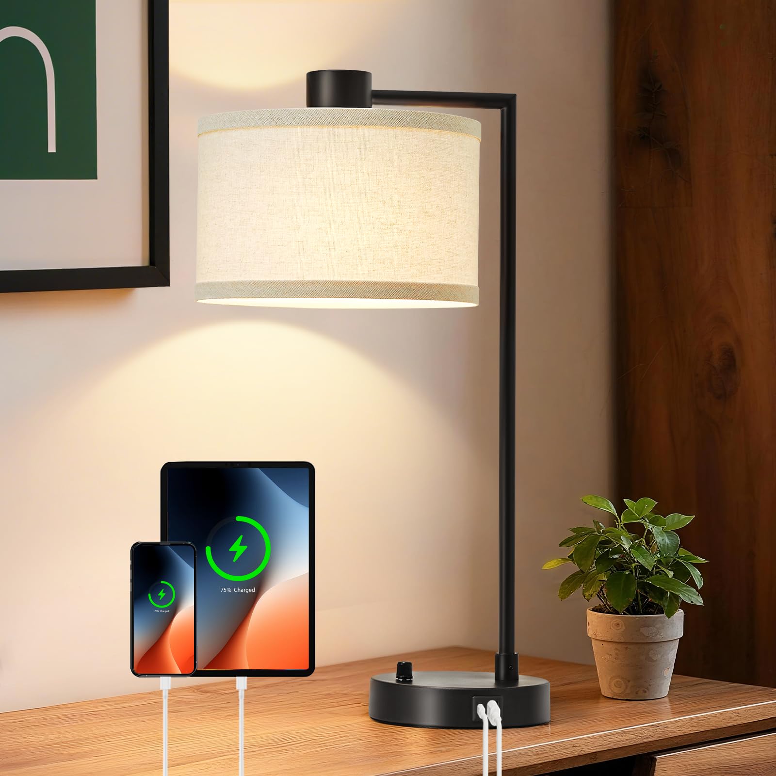 GyroVu Nachttischlampe, Tischlampe mit Ladefunktion USB A+C-Anschlüssen, Stufenlos Dimmbar, Leinen-Lampenschirm, Bedside Lampe für Wohnzimmer Studierzimmer Büro (Glühbirne inklusive)