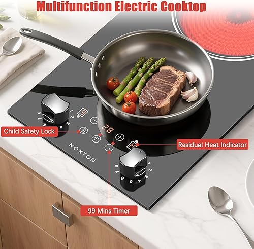 Miniatura 7 de Noxton Placa eléctrica de 2 quemadores, estufa de cerámica radiante de 12 pulgadas 110 V con perilla y control táctil, placa eléctrica incorporada o