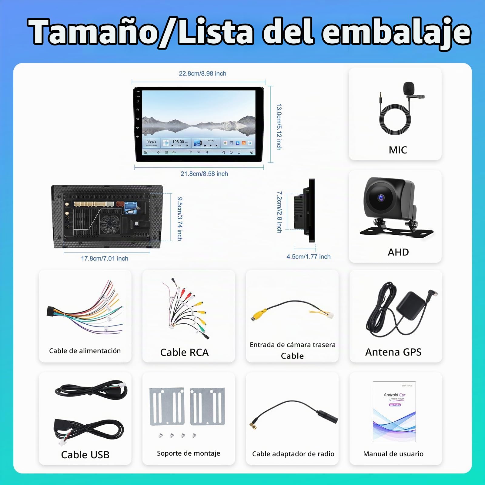 8 Núcleo 1.8GHz 4+64G Qualcomm Chipset 2 DIN Autoradio, 9" Android Radio Kabelloses Carplay/Android Auto Pantalla táctil con GPS/Bluetooth/SWC/FM/RDS/WiFi/USB Radio Receptor+Cámara Trasera
