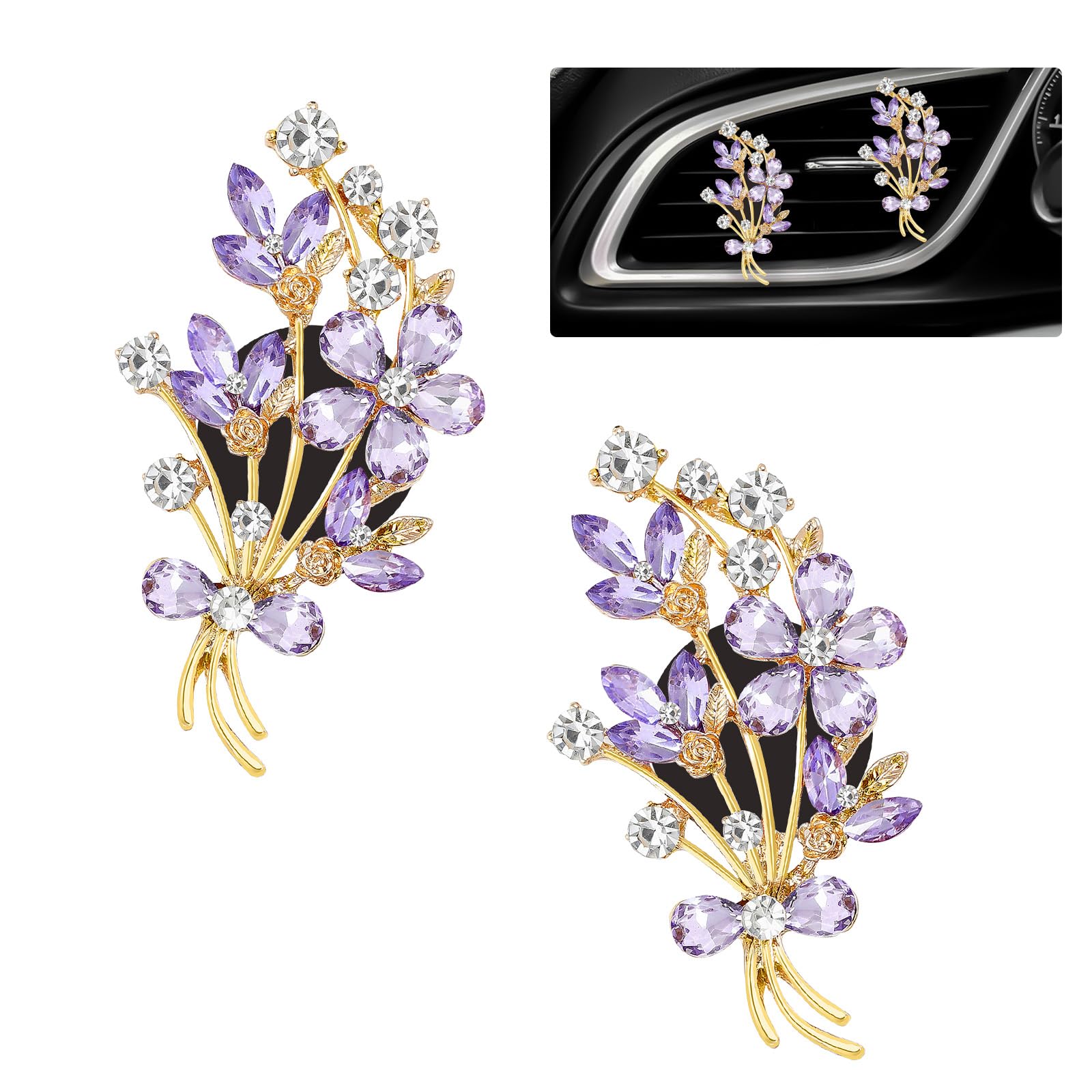 ORIESSE 2pcs Flower Car Vent Clips Car Air Freshener Bouquets Flower Purple Car Accessories for Women Rhinestone Flower Air Vent Clips Car Decor,