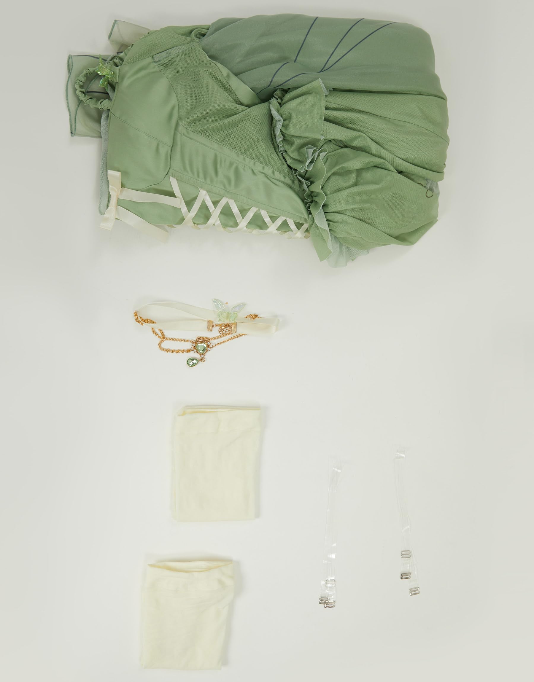 Women Fairy Cosplay Costume Green Elf Ruffle Elegant Leotard Dress with Necklace Stockings Halloween Rave: Large Green