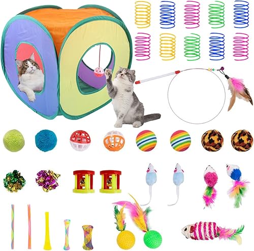 Juego de 36 juguetes para gatos, juguetes interactivos para gatos de interior, túneles plegables para gatos, pluma de gato, varita, juguete de