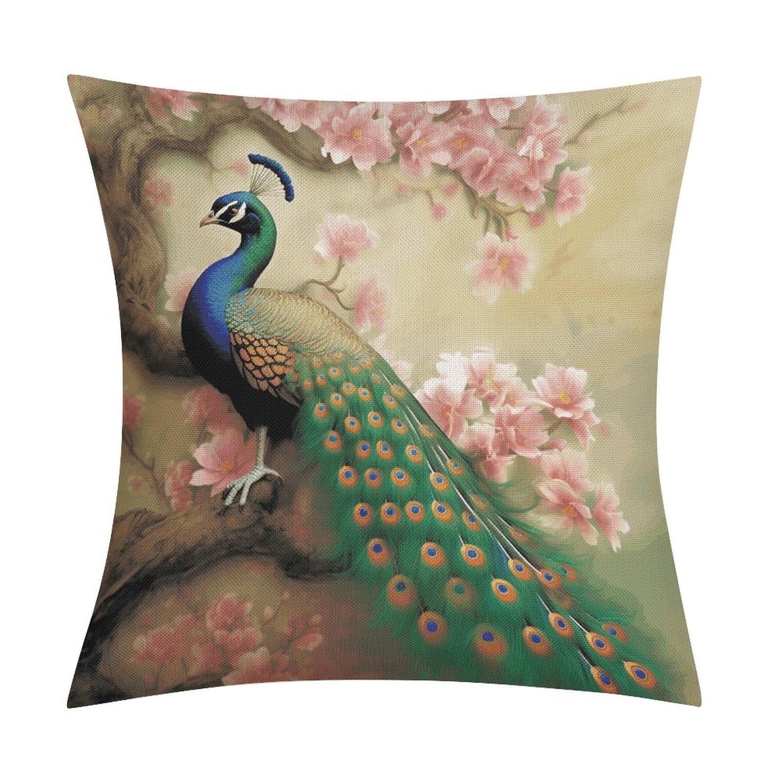 LZQPOEAS Oriental Peacock on Flower Tree Throw Pillow Covers, Waterproof Faux Linen Pillow Cases with Invisible Zipper, Decorative Square Cushion Covers for Sofa Couch Living Room Bedroom 18x18 Inch
