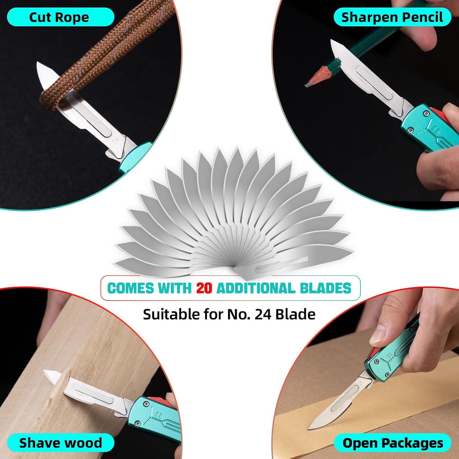 XXOK Auto Utility Knife portable utility retractable knife All Metal Construction Carbon Stainless Steel Blade with Clip 20PCS #24 Blades Replacement Green