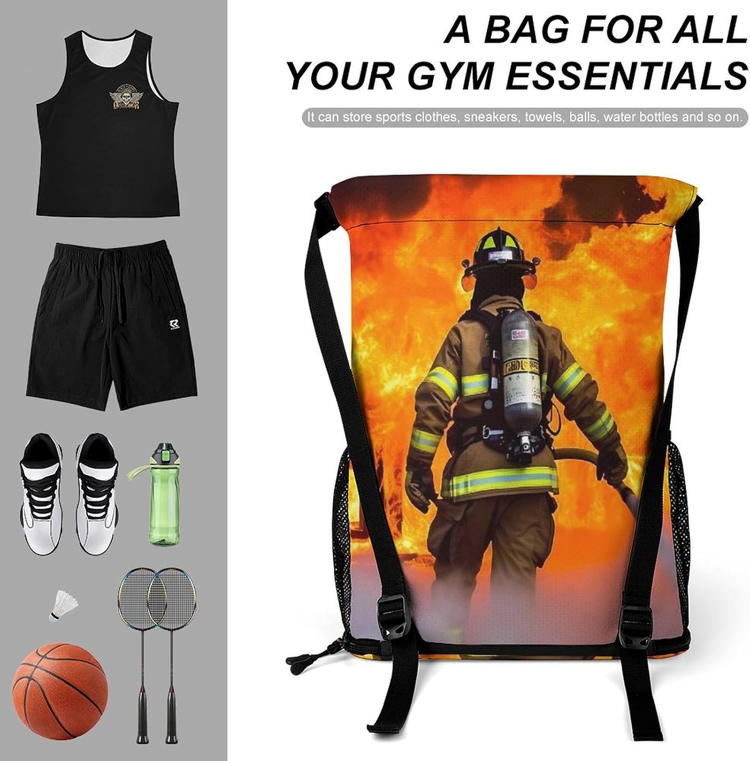 Firefighter Fireman Flame Drawstring Backpack with Wet Pocket - Large Capacity Gym Bag with Shoe Compartment & Mesh Pockets, Adjustable Lightweight Gym Backpack for Swimming, Travel, Workout