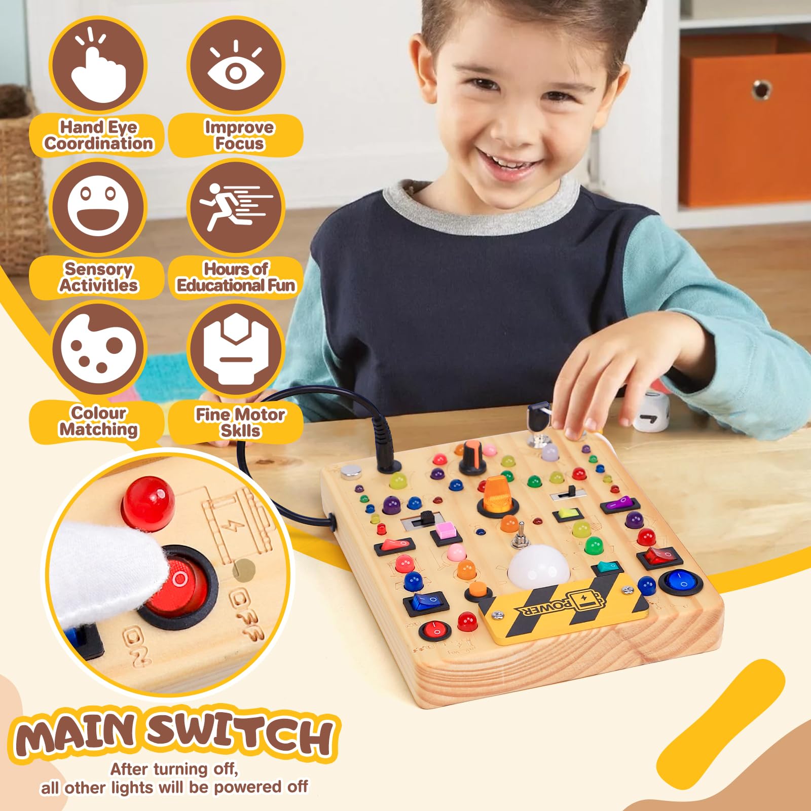 Busy Board con interruttori della luce a LED, giocattoli Montessori per ragazzi di 1, 2 e 3 anni, tabella delle attività sensoriali giocattolo in legno per ragazzi e ragazze di 1+ anni (19
