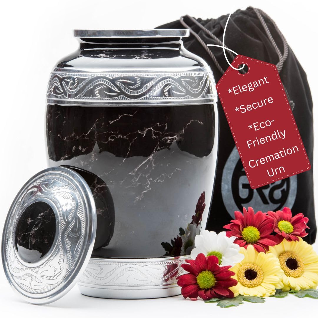 Timeless Black Marble Cremation Urn – Full-Size Funeral Memorial Container for Adult Human Ashes | Eco-Friendly Recycled Aluminum with Secure Lid | Elegant Tribute for Home, Service, or Cemetery