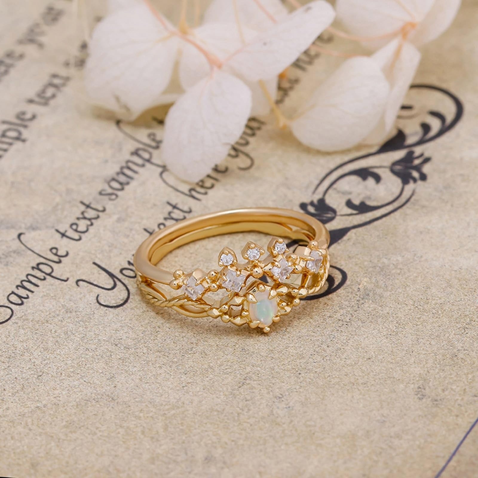 Alianzas de boda de oro auténtico, 9 K/14 K/18 K con ópalo ovalado, anillo de boda vintage delicado