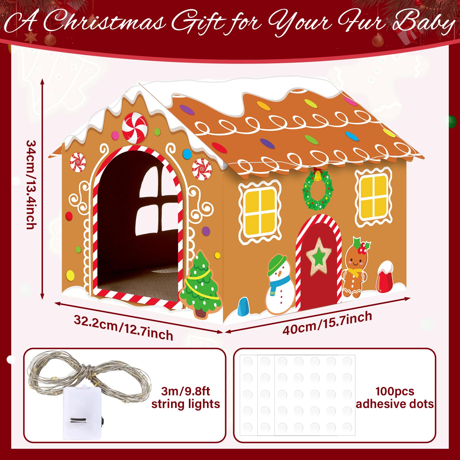 Casetta natalizia per gatti in cartone con luce a LED, tiragraffi con pan di zenzero, casetta per gatti di Natale, 39,9 x 34 x 32 cm, tiragraffi per gatti da interni