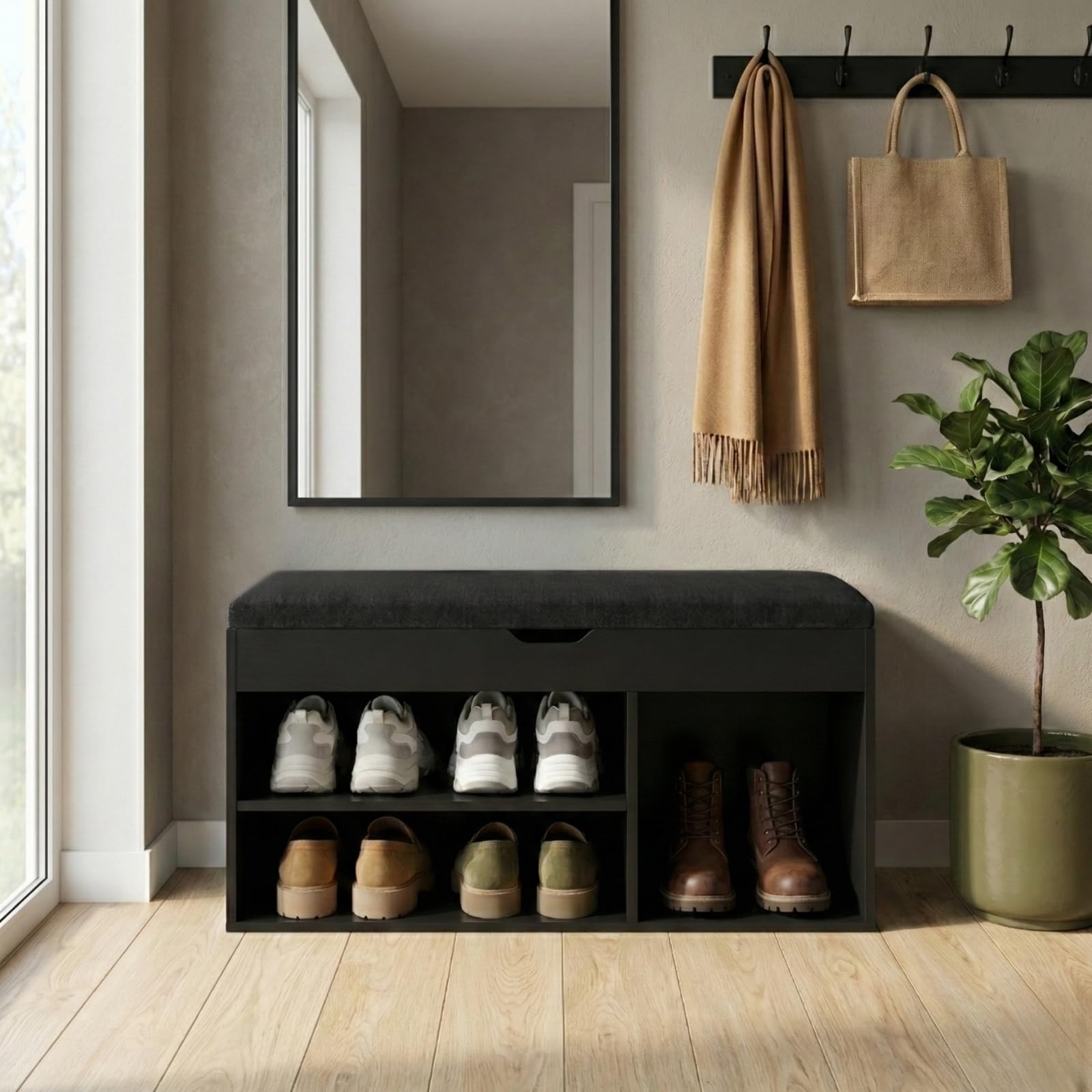 BOXIMO TRIA Schuhschrank mit Sitzbank 80 x 43 x 30 cm Schwarz MDF Polyester
