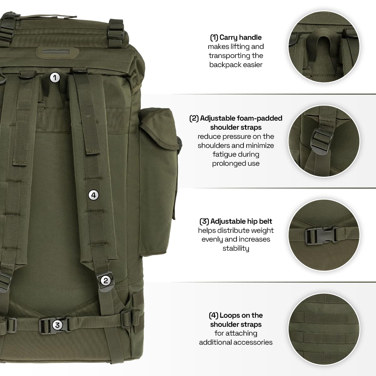 Tactical Fortex 65L Mochila Táctica – Oliva | Gran Mochila Militar & Trekking Hombre | Con Sistema MOLLE, Funda Impermeable | Ideal para Senderismo, Camping & Expediciones | 67×40×25 cm