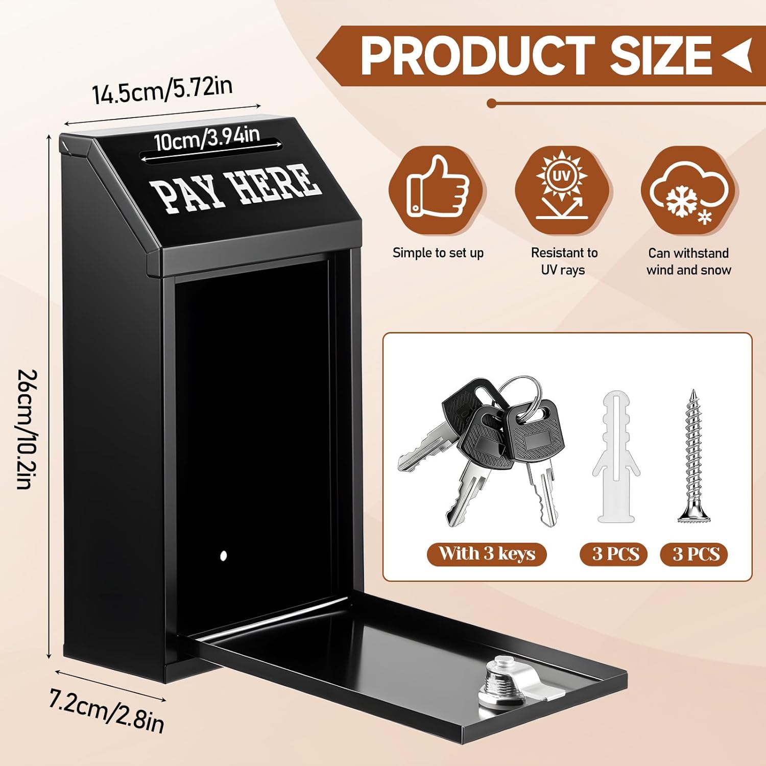 Money Drop Box, 10.2 X 5.7 X 2.8 Inch Black Metal Donation Box with Lock and Slot Wall Mount Pre Drilled Safe Suggestion Boxes Safe Cash Boxes for Farmstand Sales Home Office and Business