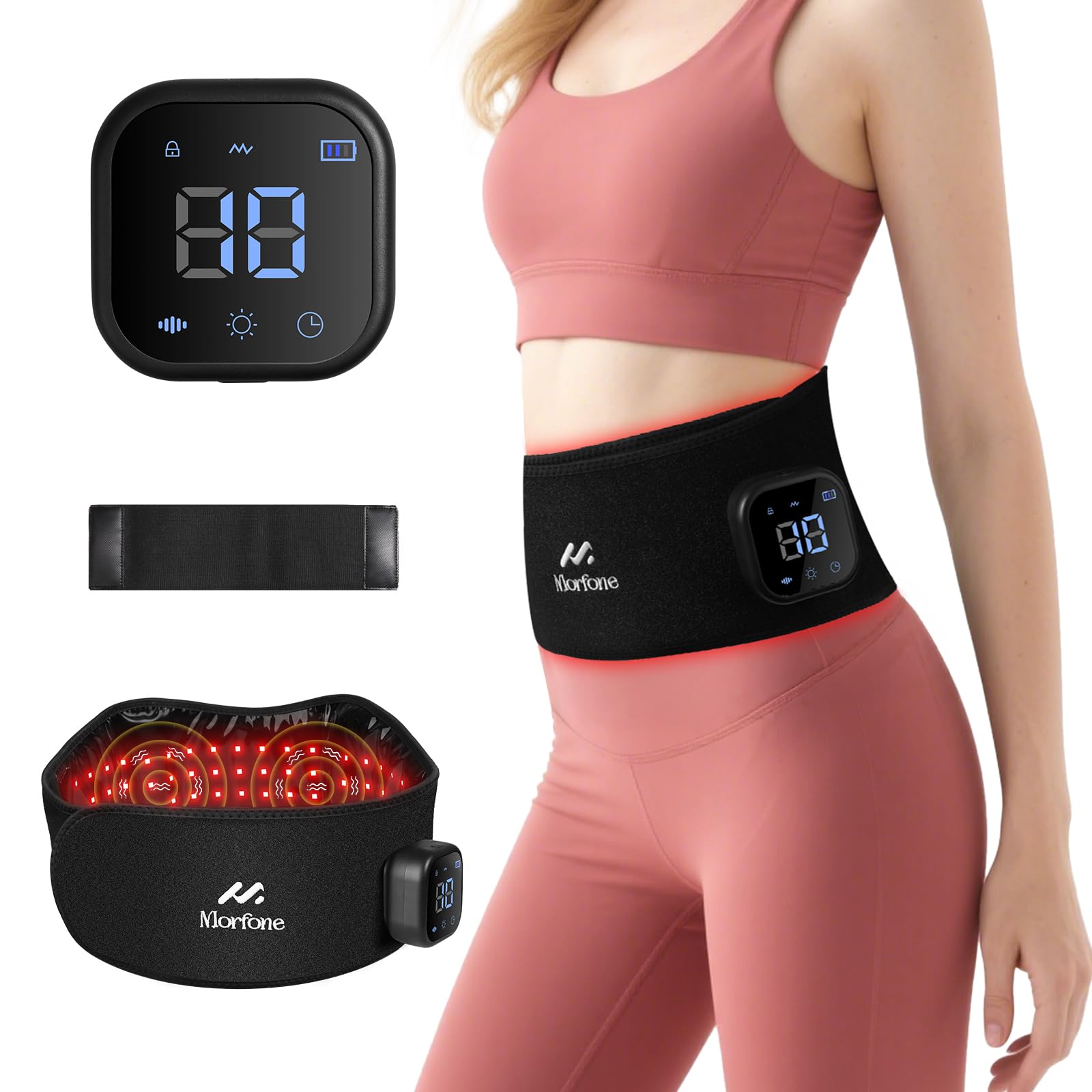 Morfone Red Light Therapy Belt, Cordless Infrared Light Therapy Pad for Body Heating Vibration Rechargeable Waist Wrap with Controller/Timer, 660nm&850nm, for Back Shoulder Muscle Pain Relief