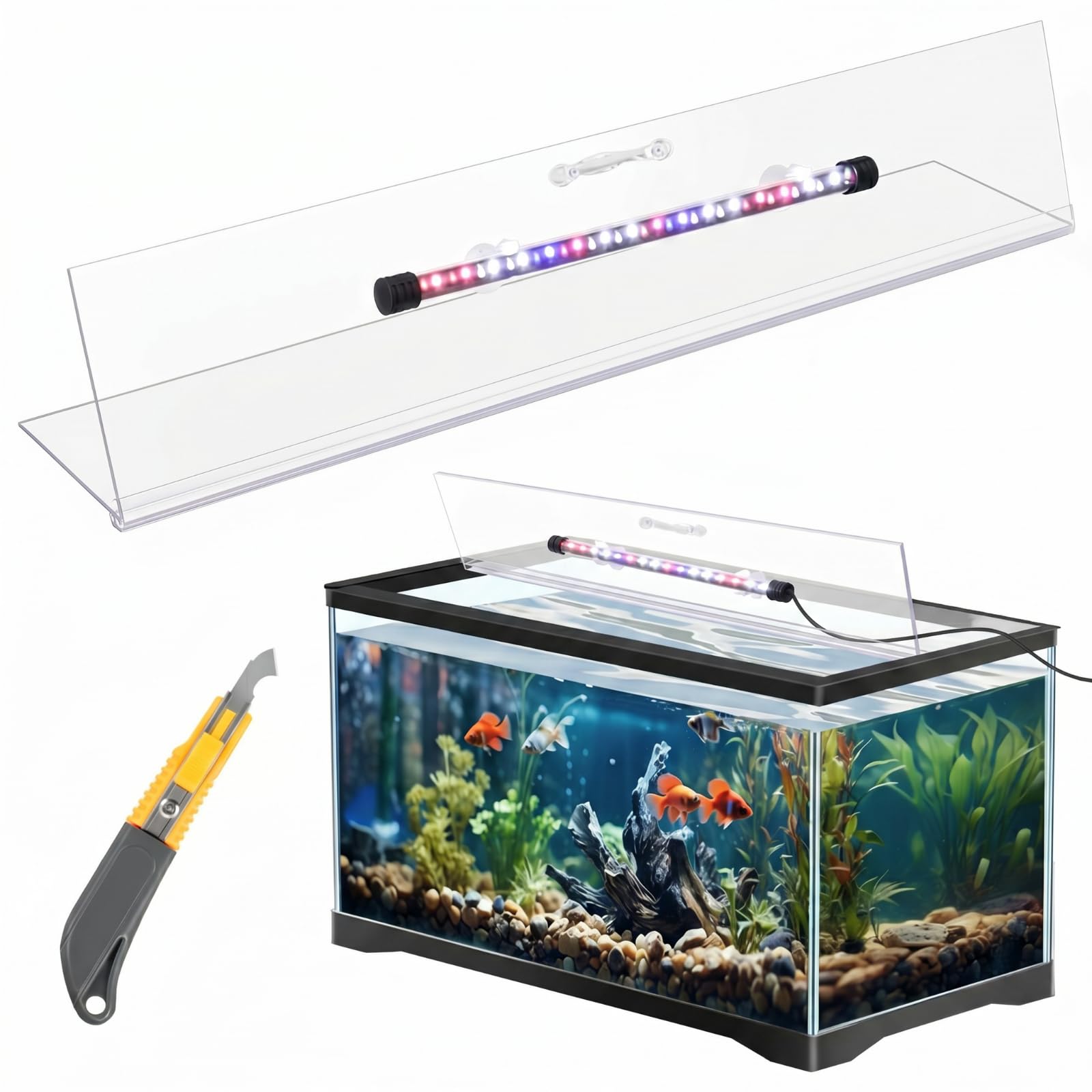 Sieral Tapas de acuario de policarbonato con luz LED de 15.37 x 7.63 x 0.12 pulgadas para 5/10 galones sin soporte central, cubierta de acuario, tapa de pecera con un cuchillo de gancho, transparente