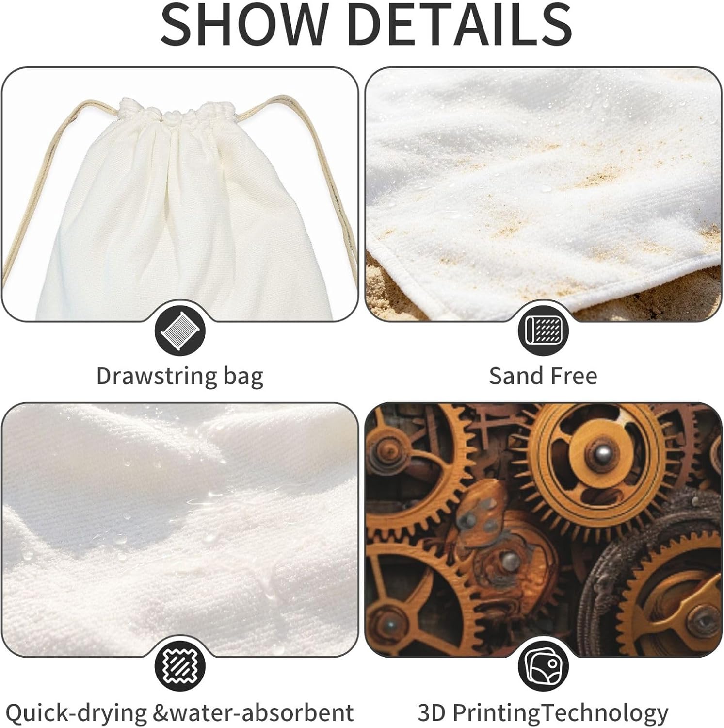 2 in 1 Packable Towel Bag,Soft Absorbent Pool Towels Backpack Quick Dry Lightweight Beach Towels Rusted Metal Gears Drawstring Bag for Travel Camping Sports Picnic image 4
