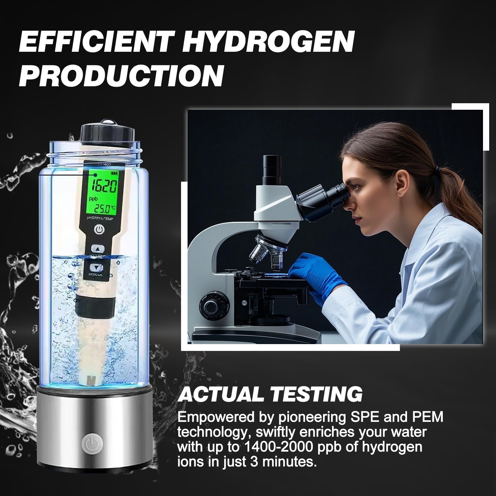 Botella de agua de hidrógeno rica en hidrógeno: tecnología SPE/PEM mejorada, botella portátil recargable de vidrio (adecuada para agua purificada y destilada)