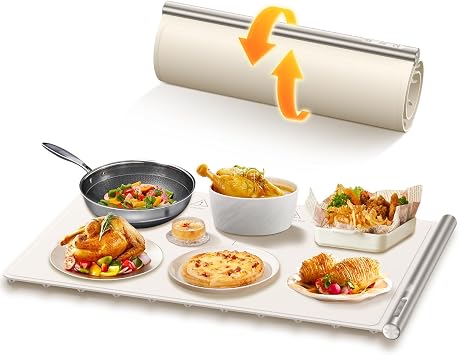 Gasbye Food Warming Mat, 10s Fast Full-Surface Heating Warming Tray, Raised Feet Protect Countertop, 3 Temperature Levels, 4-Hour Timer, Portable Design for Party Buffet Home Use, Champagne