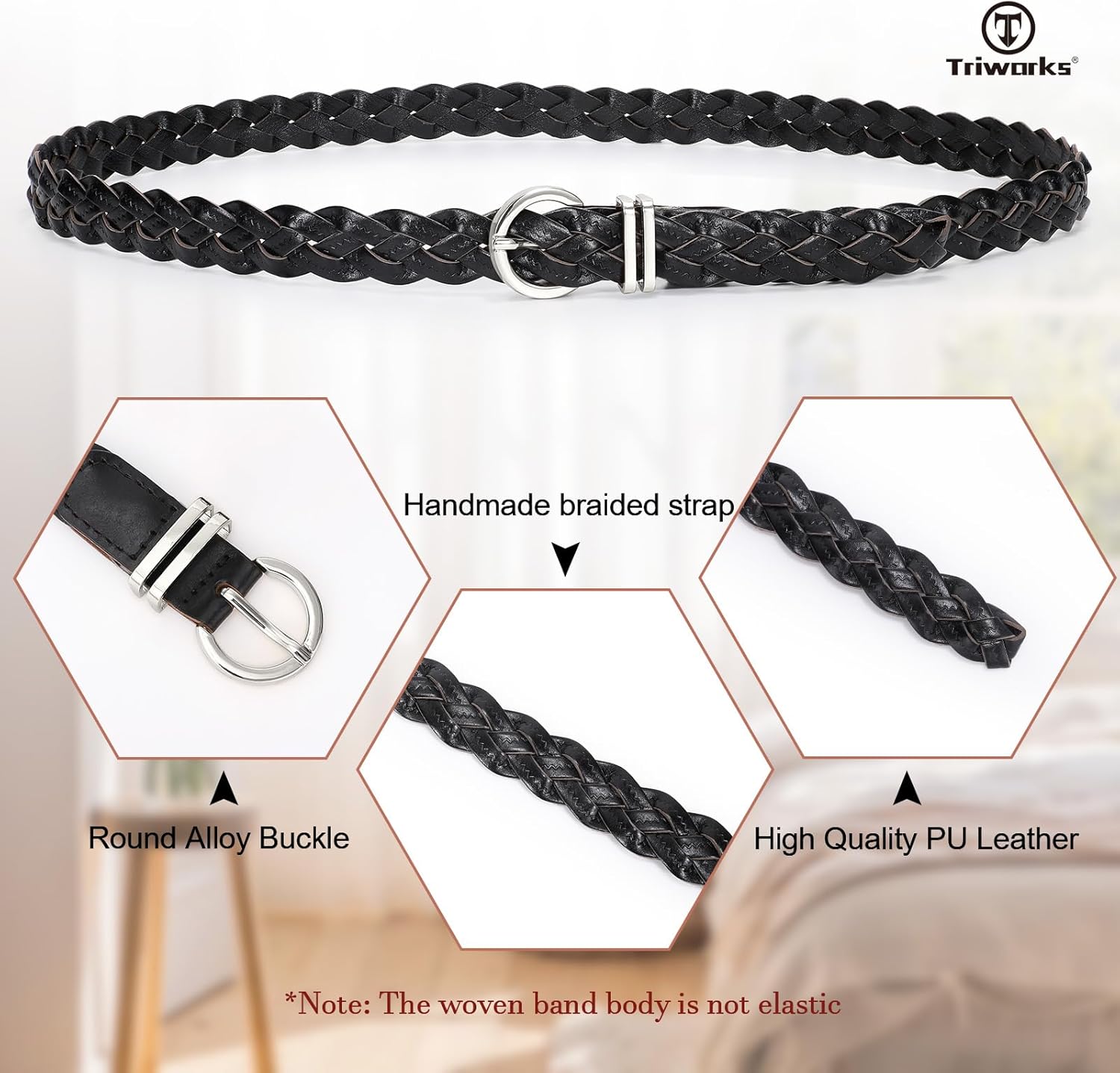 TRIWORKS 2 Pack Women's Skinny Braided Leather Belts Thin Woven Waist Belts for Jeans Pants Dresses - Image 3