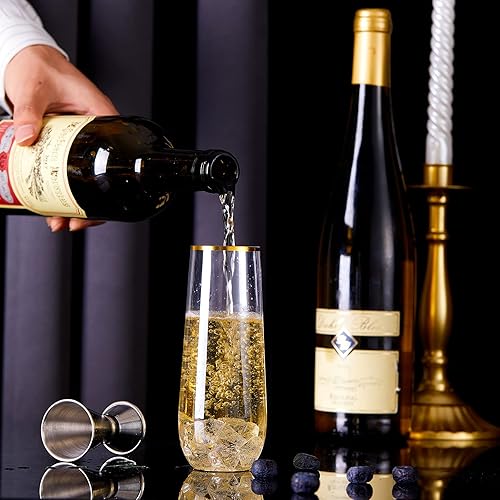 Miniatura 3 de N9R 24 copas de champán de plástico, vasos desechables de 9 onzas sin tallo con borde dorado, vasos de cóctel transparentes inastillables, ideales
