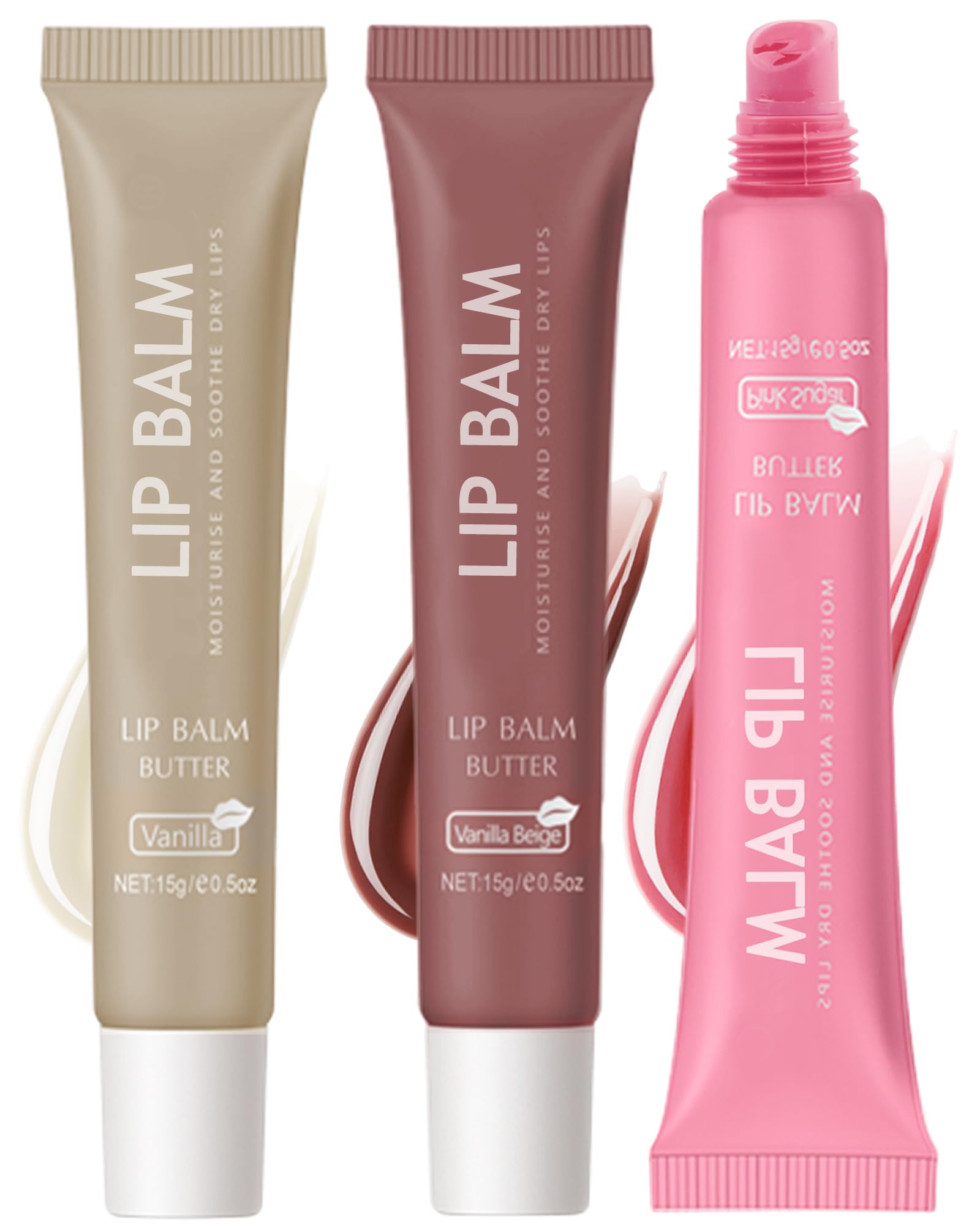 Tinted Lip Butter Balm-3 Colors Vanilla Beige Brown Pink Sugar Glossier Lip Gloss,Clear Jelly Yummy Tint Lip Stain Balm,Long Lasting Hydrating Non-Sticky Glow Reviver Fat Lip Care Oil for Women-Set A