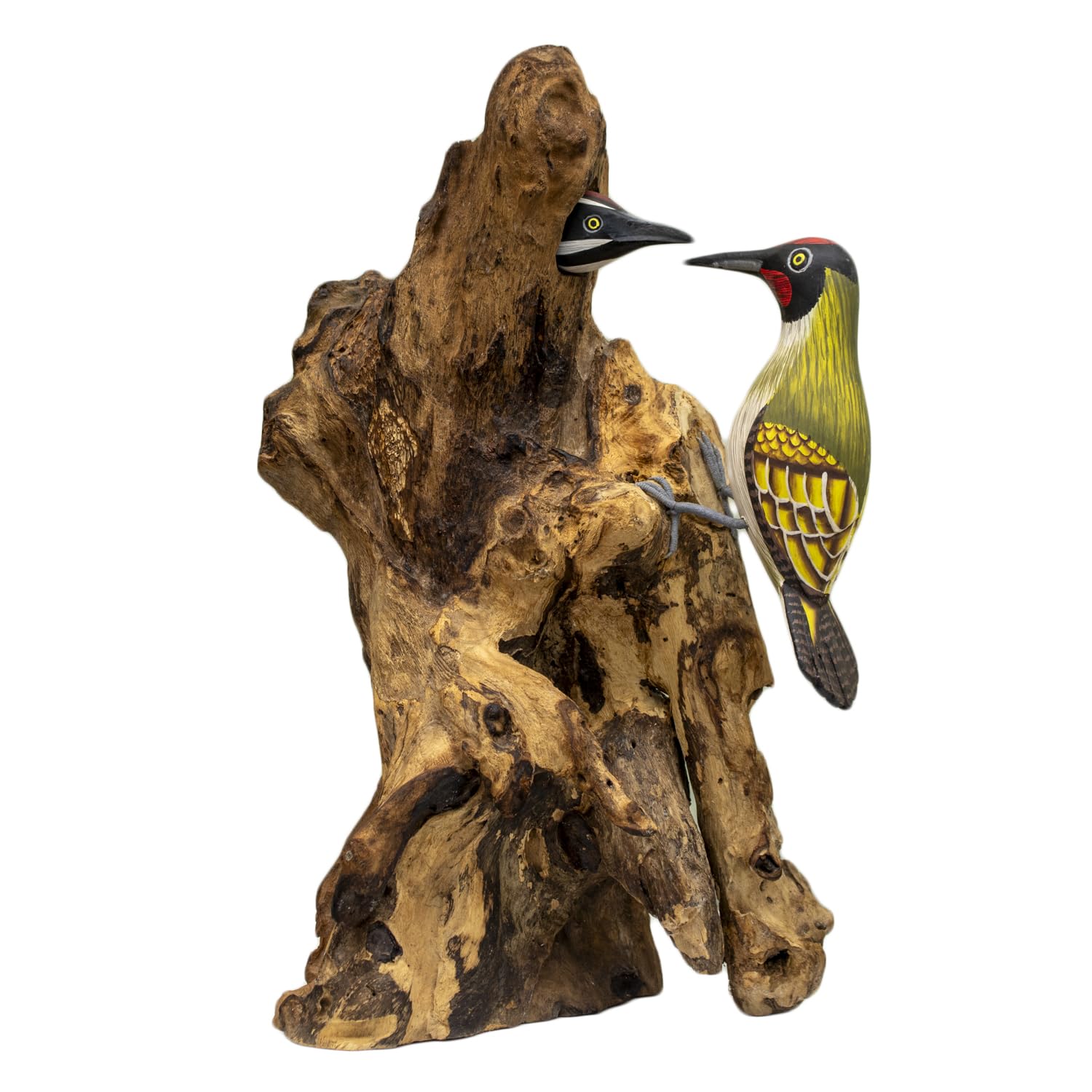 Darthome Green, Brown Hand Carved Teak Root Woodpecker Sculpture, Large Green Woodpecker With Chick, Natural Wood Base, 40Cm Height, Indoor Ornament