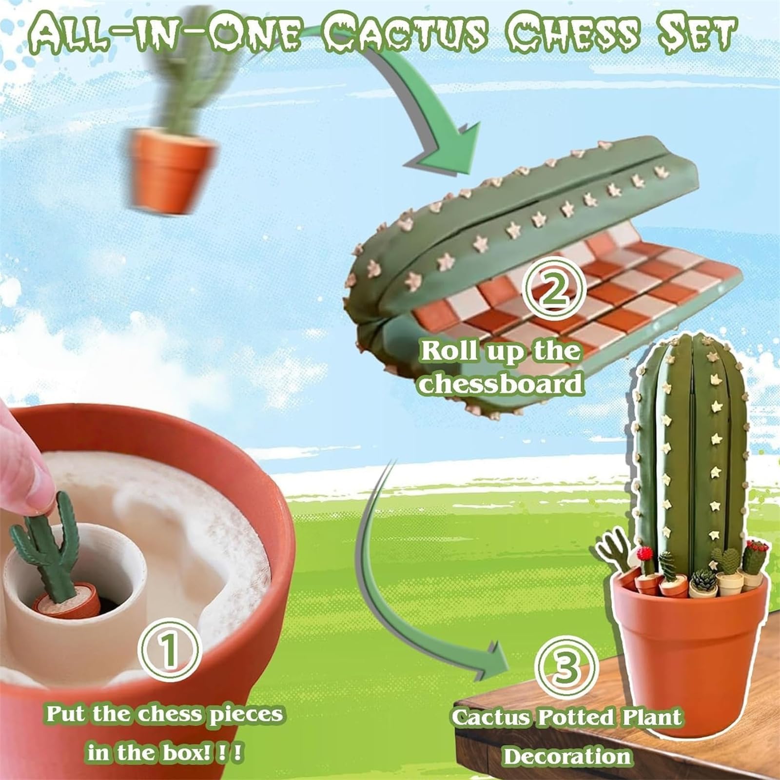 3D Printed 32PCS Cactus Chess Board Set, Magnetisches Kaktus‑Schachspiel, Schachbrett im Sukkulenten‑Design, Geschenk für Kinder und Erwachsene