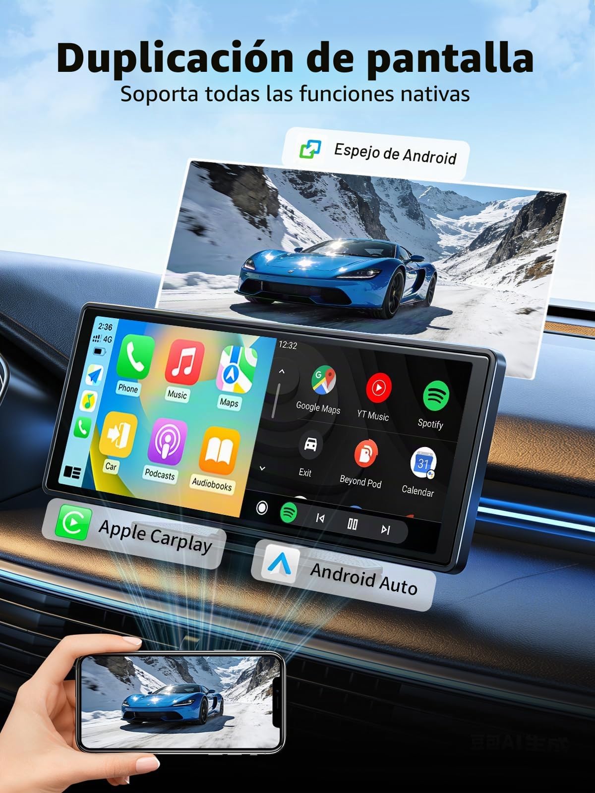 10.26" Pantalla Carplay Coche para Apple y Android, Cámara Trasera HD 1080P, Soporte Magnético, OTA, Bluetooth, Navegación GPS, Control por Voz Manos Libres, Mirror Link, FM, AUX