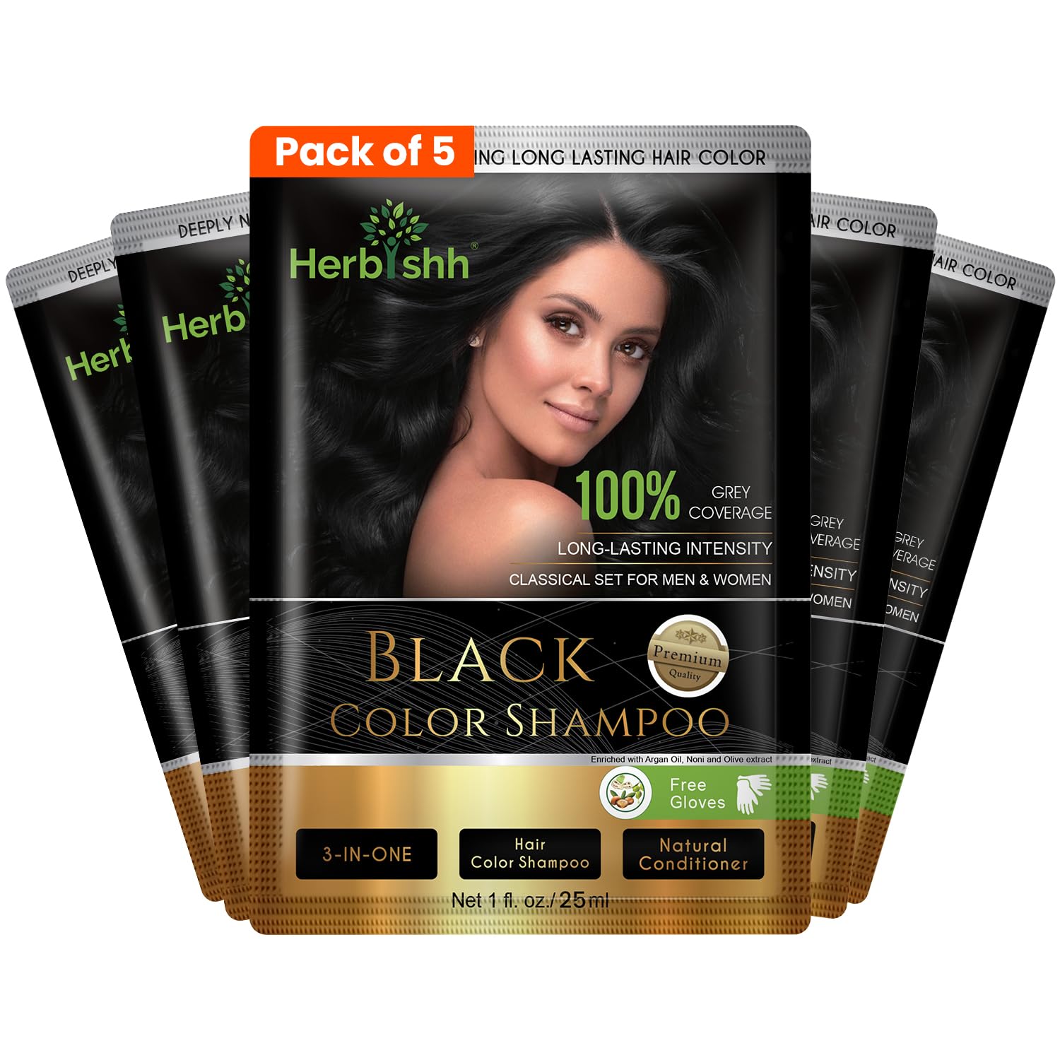 Black Hair Dye Shampoo (25ml x 5 Sachets) | 100% Grey Coverage Ammonia Free, Instant Hair Dye Shampoo for Women & Men | Long Lasting & Travel Friendly