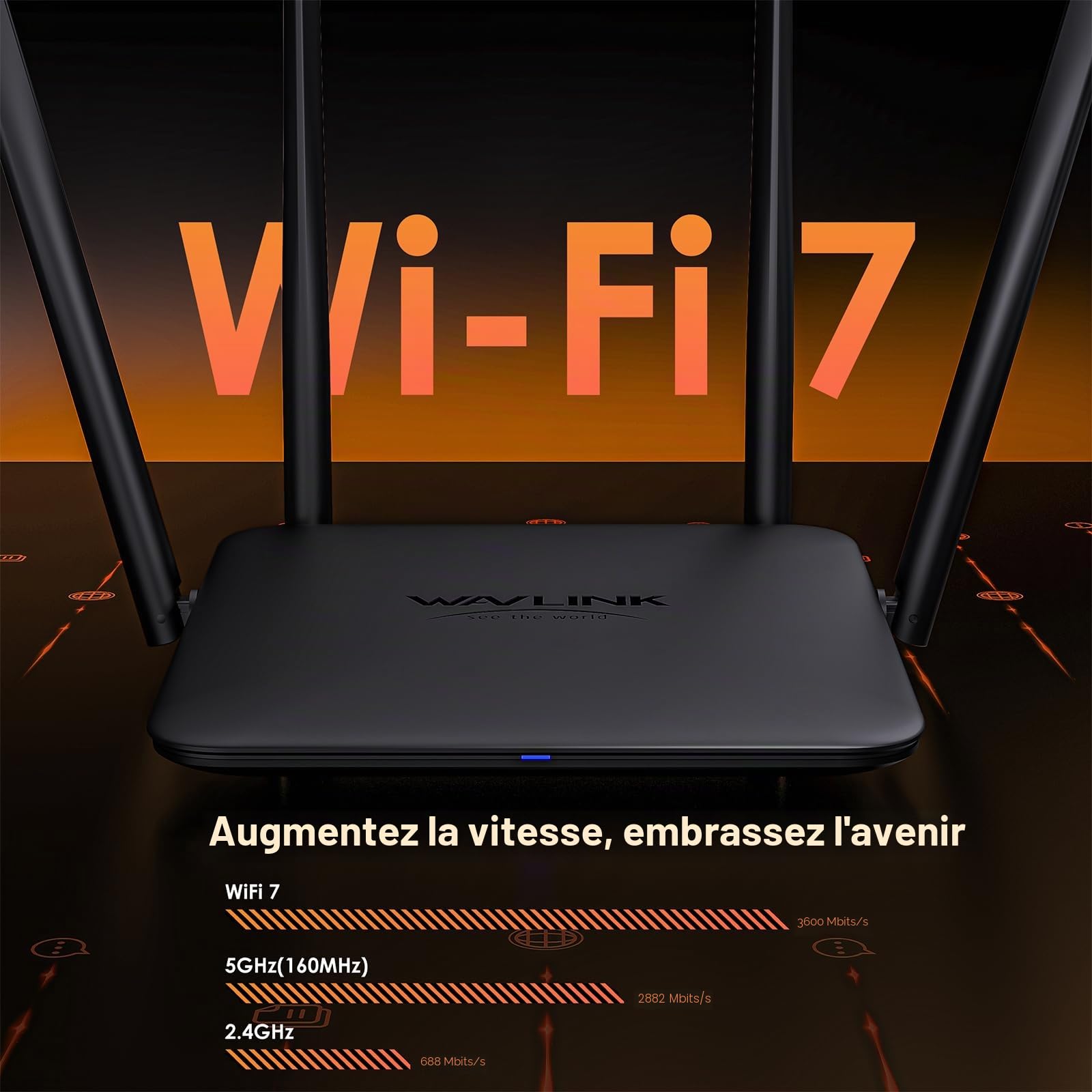 WAVLINK BE3600 Routeur Wi-FI 7 Gaming Dual Band - Technologie MLO/4096-QAM/Multi-Rus, Mode Mesh/Router/AP/Repeater, WiFi Invité, QoS & VPN Avancé IPv6 pour Réseau Domestique